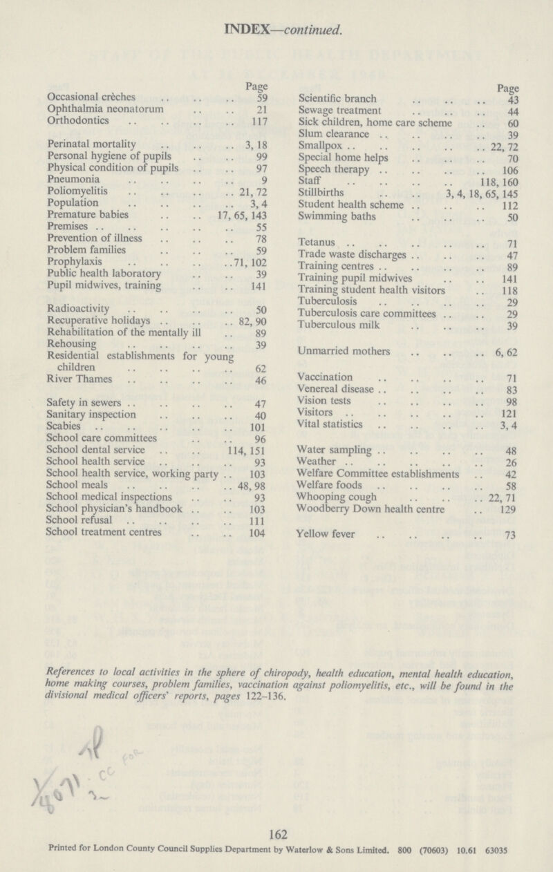 162 INDEX—continued. Page Page Occasional creches 59 Scientific branch 43 Ophthalmia neonatorum 21 Sewage treatment 44 Orthodontics 117 Sick children, home care scheme 60 Slum clearance 39 Perinatal mortality 3,18 Smallpox 22, 72 Personal hygiene of pupils 99 Special home helps 70 Physical condition of pupils 97 Speech therapy106 Pneumonia 9 Staff 118,160 Poliomyelitis 21,72 Stillbirths 3,4,18,65,145 Population 3,4 Student health scheme112 Premature babies 17,65, 143 Swimming baths 50 Premises 55 Prevention of illness 78 Tetanus 71 Problem families 59 Trade waste discharges 47 Prophylaxis 71,102 Training centre 89 Public health laboratory 39 Training pupil midwives 141 Pupil midwives, training 141 Training student health visitors 118 Tuberculosis 29 Radioactivity 50 Tuberculosis care committees 29 Recuperative holiday 82,90 Tuberculous milk 39 Rehabilitation of the mentally ill 89 Rehousing 39 Unmarried mothers 6,62 Residential establishments for young children 62 River Thames 46 Vaccination Venereal disease 83 Safety in sewers 47 Vision tests 98 Sanitary inspection 40 Visitors 121 Scabies 101 Vital statistics 3,4 School care committees 96 School dental service 114,151 Water sampling 48 School health service 93 Weather 26 School health service, working party .. 103 Welfare Committee establishments 42 School meals 48,98 Welfare foods 58 School medical inspections 93 Whooping cough 22,71 School physician's handbook 103 Woodberry Down health centre 129 School refusal 1ll School treatment centres 104 Yellow fever 73 References to local activities in the sphere of chiropody, health education, mental health education, home making courses, problem families, vaccination against poliomyelitis, etc., will be found in the divisional medical officers' reports, pages 122-136. Printed for London County Council Supplies Department by Waterlow & Sons Limited. 800 (70603) 10.61 63035