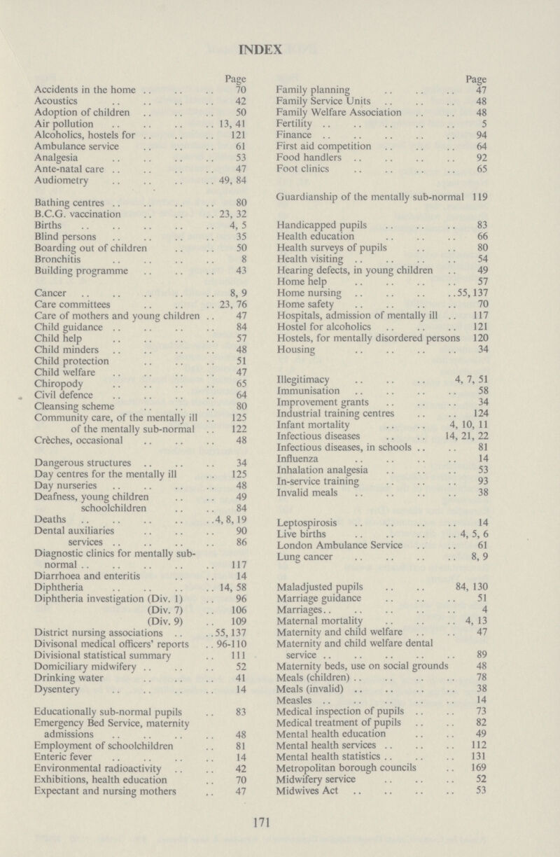 INDEX Page Accidents in the home 70 Acoustics 42 Adoption of children 50 Air pollution 13,41 Alcoholics, hostels for 121 Ambulance service 61 Analgesia 53 Ante-natal care 47 Audiometry 49, 84 Bathing centres 80 B.C.G. vaccination 23, 32 Births 4, 5 Blind persons 35 Boarding out of children 50 Bronchitis 8 Building programme 43 Cancer 8, 9 Care committees 23, 76 Care of mothers and young children 47 Child guidance 84 Child help 57 Child minders 48 Child protection 51 Child welfare 47 Chiropody 65 Civil defence 64 Cleansing scheme 80 Community care, of the mentally ill 125 of the mentally sub-normal 122 Creches, occasional 48 Dangerous structures 34 Day centres for the mentally ill 125 Day nurseries 48 Deafness, young children 49 schoolchildren 84 Deaths 4,8,19 Dental auxiliaries 90 services 86 Diagnostic clinics for mentally sub normal 117 Diarrhoea and enteritis 14 Diphtheria 14, 58 Diphtheria investigation (Div. 1) 96 (Div. 7) 106 (Div. 9) 109 District nursing associations 55,137 Divisonal medical officers' reports . 96-110 Divisional statistical summary 111 Domiciliary midwifery 52 Drinking water 41 Dysentery 14 Educationally sub-normal pupils 83 Emergency Bed Service, maternity admissions 48 Employment of schoolchildren 81 Enteric fever 14 Environmental radioactivity 42 Exhibitions, health education 70 Expectant and nursing mothers 47 Page Family planning 47 Family Service Units 48 Family Welfare Association 48 Fertility 5 Finance 94 First aid competition 64 Food handlers 92 Foot clinics 65 Guardianship of the mentally sub-normal 119 Handicapped pupils 83 Health education 66 Health surveys of pupils 80 Health visiting 54 Hearing defects, in young children 49 Home help 57 Home nursing 55,137 Home safety 70 Hospitals, admission of mentally ill 117 Hostel for alcoholics 121 Hostels, for mentally disordered persons 120 Housing 34 Illegitimacy 4,7, 51 Immunisation 58 Improvement grants 34 Industrial training centres 124 Infant mortality 4, 10, 11 Infectious diseases 14,21,22 Infectious diseases, in schools 81 Influenza 14 Inhalation analgesia 53 In-service training 93 Invalid meals 38 Leptospirosis 14 Live births 4, 5, 6 London Ambulance Service 61 Lung cancer 8, 9 Maladjusted pupils 84,130 Marriage guidance 51 Marriages 4 Maternal mortality 4, 13 Maternity and child welfare 47 Maternity and child welfare dental service 89 Maternity beds, use on social grounds 48 Meals (children) 78 Meals (invalid) 38 Measles 14 Medical inspection of pupils 73 Medical treatment of pupils 82 Mental health education 49 Mental health services 112 Mental health statistics 131 Metropolitan borough councils 169 Midwifery service 52 Midwives Act 53 171