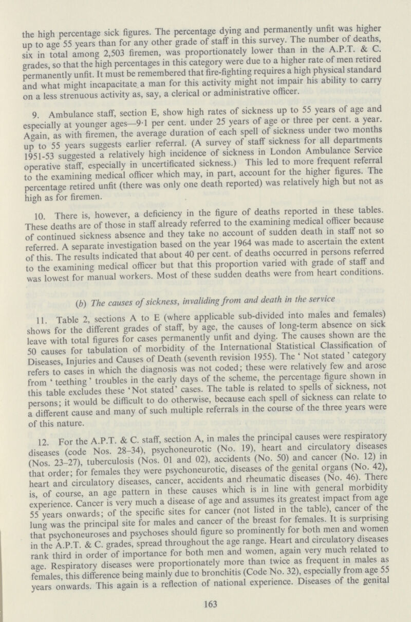 the high percentage sick figures. The percentage dying and permanently unfit was higher up to age 55 years than for any other grade of staff in this survey. The number of deaths, six in total among 2,503 firemen, was proportionately lower than in the A.P.T. & C. grades, so that the high percentages in this category were due to a higher rate of men retired permanently unfit. It must be remembered that fire-fighting requires a high physical standard and what might incapacitate a man for this activity might not impair his ability to carry on a less strenuous activity as, say, a clerical or administrative officer. 9. Ambulance staff, section E, show high rates of sickness up to 55 years of age and especially at younger ages—9.1 per cent. under 25 years of age or three per cent. a year. Again, as with firemen, the average duration of each spell of sickness under two months up to 55 years suggests earlier referral. (A survey of staff sickness for all departments 1951-53 suggested a relatively high incidence of sickness in London Ambulance Service operative staff, especially in uncertificated sickness.) This led to more frequent referral to the examining medical officer which may, in part, account for the higher figures. The percentage retired unfit (there was only one death reported) was relatively high but not as high as for firemen. 10. There is, however, a deficiency in the figure of deaths reported in these tables. These deaths are of those in staff already referred to the examining medical officer because of continued sickness absence and they take no account of sudden death in staff not so referred. A separate investigation based on the year 1964 was made to ascertain the extent of this. The results indicated that about 40 per cent. of deaths occurred in persons referred to the examining medical officer but that this proportion varied with grade of staff and was lowest for manual workers. Most of these sudden deaths were from heart conditions. (b) The causes of sickness, invaliding from and death in the service 11. Table 2, sections A to E (where applicable sub-divided into males and females) shows for the different grades of staff, by age, the causes of long-term absence on sick leave with total figures for cases permanently unfit and dying. The causes shown are the 50 causes for tabulation of morbidity of the International Statistical Classification of Diseases, Injuries and Causes of Death (seventh revision 1955). The ' Not stated ' category refers to cases in which the diagnosis was not coded; these were relatively few and arose from ‘ teething’ troubles in the early days of the scheme, the percentage figure shown in this table excludes these 'Not stated' cases. The table is related to spells of sickness, not persons; it would be difficult to do otherwise, because each spell of sickness can relate to a different cause and many of such multiple referrals in the course of the three years were of this nature. 12. For the A.P.T. & C. staff, section A, in males the principal causes were respiratory diseases (code Nos. 28-34), psychoneurotic (No. 19), heart and circulatory diseases (Nos. 23-27), tuberculosis (Nos. 01 and 02), accidents (No. 50) and cancer (No. 12) in that order; for females they were psychoneurotic, diseases of the genital organs (No. 42), heart and circulatory diseases, cancer, accidents and rheumatic diseases (No. 46). There is, of course, an age pattern in these causes which is in line with general morbidity experience. Cancer is very much a disease of age and assumes its greatest impact from age 55 years onwards; of the specific sites for cancer (not listed in the table), cancer of the lung was the principal site for males and cancer of the breast for females. It is surprising that psychoneuroses and psychoses should figure so prominently for both men and women in the A.P.T. & C. grades, spread throughout the age range. Heart and circulatory diseases rank third in order of importance for both men and women, again very much related to age. Respiratory diseases were proportionately more than twice as frequent in males as females, this difference being mainly due to bronchitis (Code No. 32), especially from age 55 years onwards. This again is a reflection of national experience. Diseases of the genital 163