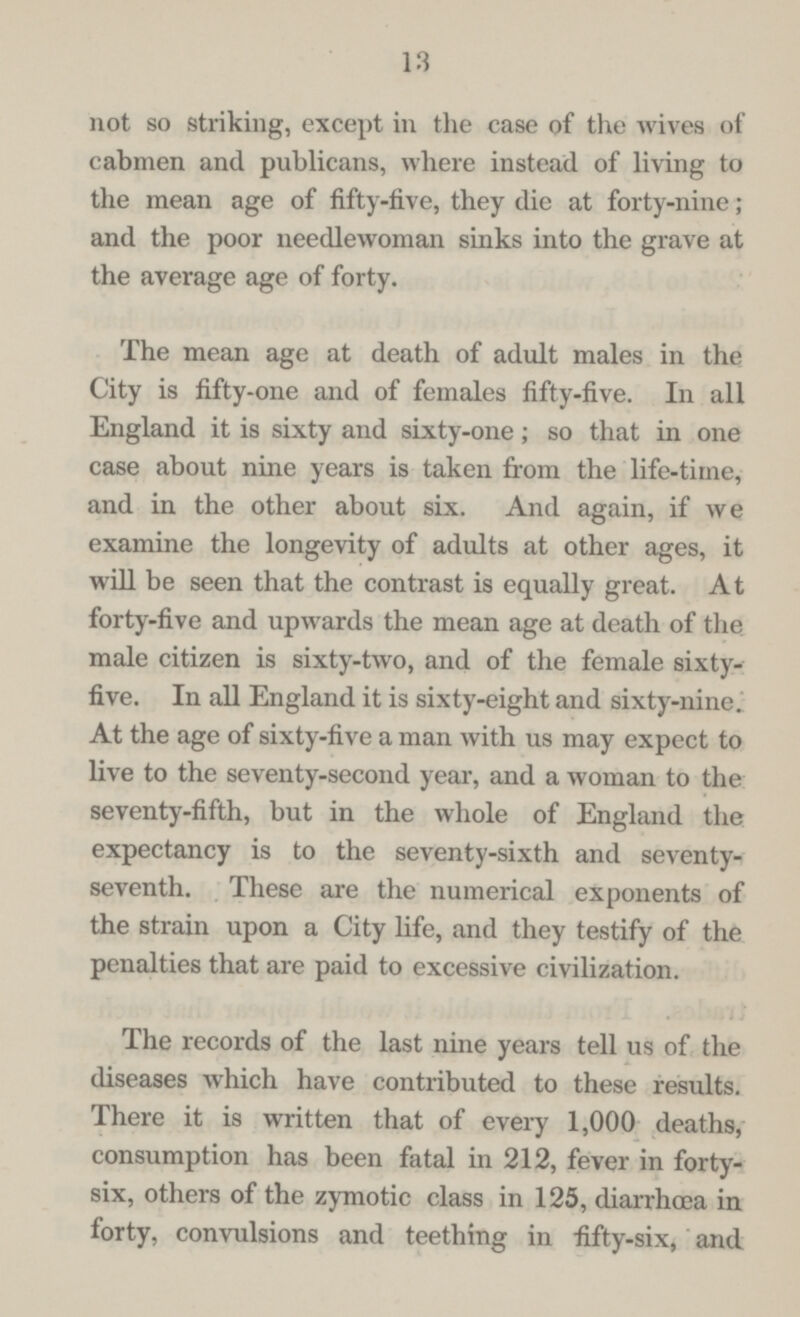 13 not so striking, except in the case of the wives of cabmen and publicans, where instead of living to the mean age of fifty-five, they die at forty-nine; and the poor needlewoman sinks into the grave at the average age of forty. The mean age at death of adult males in the City is fifty-one and of females fifty-five. In all England it is sixty and sixty-one; so that in one case about nine years is taken from the life-time, and in the other about six. And again, if we examine the longevity of adults at other ages, it will be seen that the contrast is equally great. At forty-five and upwards the mean age at death of the male citizen is sixty-two, and of the female sixty five. In all England it is sixty-eight and sixty-nine. At the age of sixty-five a man with us may expect to live to the seventy-second year, and a woman to the seventy-fifth, but in the whole of England the expectancy is to the seventy-sixth and seventy seventh. These are the numerical exponents of the strain upon a City life, and they testify of the penalties that are paid to excessive civilization. The records of the last nine years tell us of the diseases which have contributed to these results. There it is written that of every 1,000 deaths, consumption has been fatal in 212, fever in forty six, others of the zymotic class in 125, diarrhoea in forty, convulsions and teething in fifty-six, and