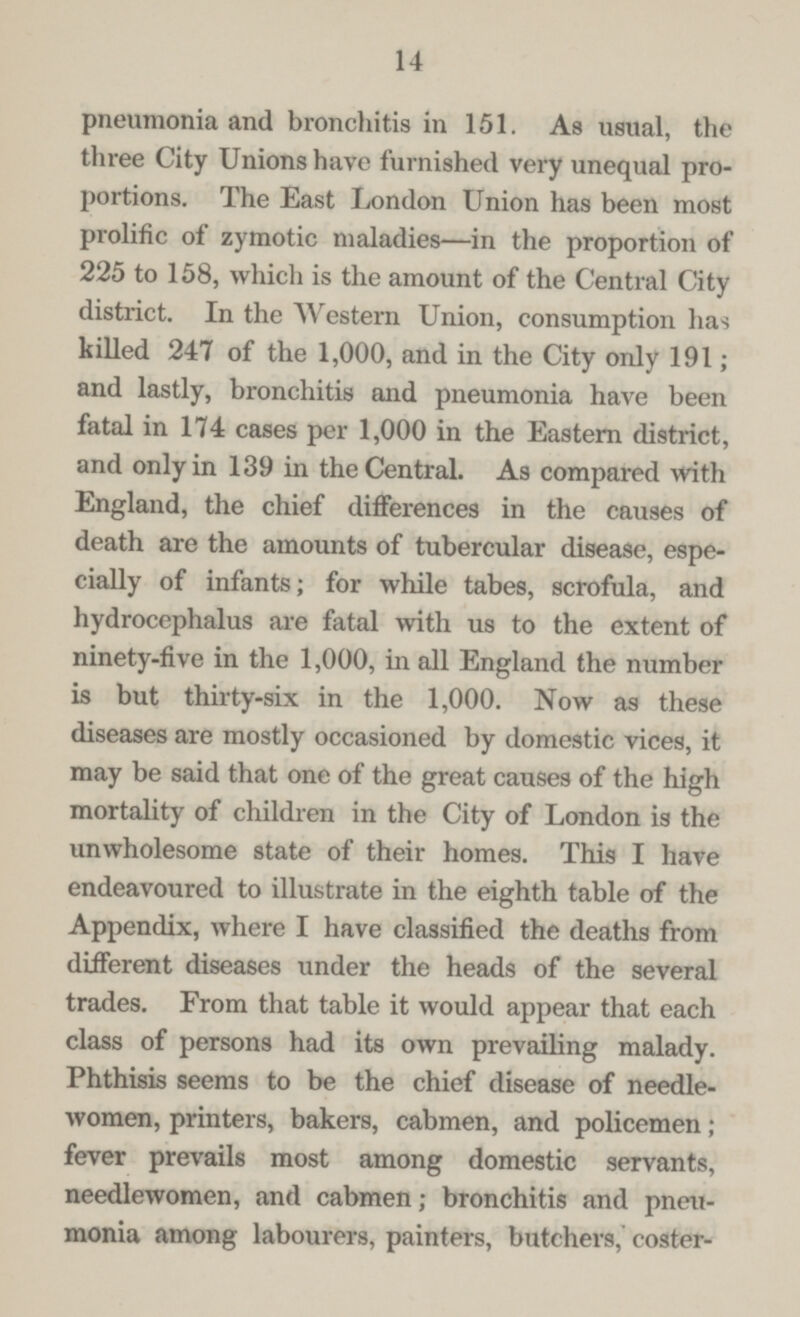 14 pneumonia and bronchitis in 151. As usual, the three City Unions have furnished very unequal pro portions. The East London Union has been most prolific of zymotic maladies—in the proportion of 225 to 158, which is the amount of the Central City district. In the Western Union, consumption lias killed 247 of the 1,000, and in the City only 191; and lastly, bronchitis and pneumonia have been fatal in 174 cases per 1,000 in the Eastern district, and only in 139 in the Central. As compared with England, the chief differences in the causes of death are the amounts of tubercular disease, espe cially of infants; for while tabes, scrofula, and hydrocephalus are fatal with us to the extent of ninety-five in the 1,000, in all England the number is but thirty-six in the 1,000. Now as these diseases are mostly occasioned by domestic vices, it may be said that one of the great causes of the high mortality of children in the City of London is the unwholesome state of their homes. This I have endeavoured to illustrate in the eighth table of the Appendix, where I have classified the deaths from diiferent diseases under the heads of the several trades. From that table it would appear that each class of persons had its own prevailing malady. Phthisis seems to be the chief disease of needle women, printers, bakers, cabmen, and policemen; fever prevails most among domestic servants, needlewomen, and cabmen; bronchitis and pneu monia among labourers, painters, butchers, coster¬