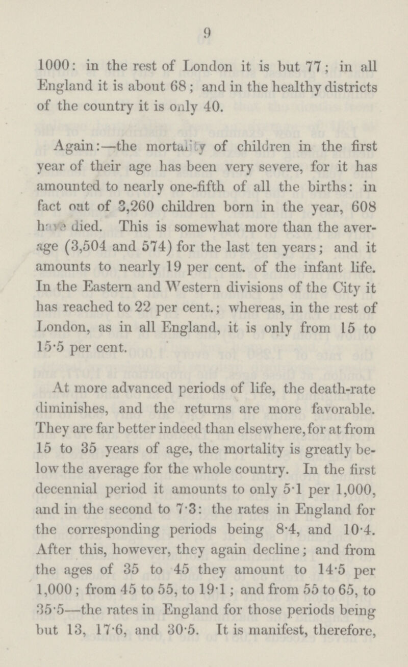 9 1000: in the rest of London it is but 77; in all England it is about 68; and in the healthy districts of the country it is only 40. Again:—the mortality of children in the first year of their age has been very severe, for it has amounted to nearly one-fifth of all the births: in fact out of 3,260 children born in the year, 608 have died. This is somewhat more than the aver age (3,504 and 574) for the last ten years; and it amounts to nearly 19 per cent. of the infant life. In the Eastern and Western divisions of the City it has reached to 22 per cent.; whereas, in the rest of London, as in all England, it is only from 15 to 15.5 per cent. At more advanced periods of life, the death-rate diminishes, and the returns are more favorable. They are far better indeed than elsewhere,for at from 15 to 35 years of age, the mortality is greatly be low the average for the whole country. In the first decennial period it amounts to only 51 per 1,000, and in the second to 7.3: the rates in England for the corresponding periods being 8.4, and 10.4. After this, however, they again decline; and from the ages of 35 to 45 they amount to 14.5 per 1,000; from 45 to 55, to 19.1; and from 55 to 65, to 35.5—the rates in England for those periods being but 13, 17 6, and 30 5. It is manifest, therefore,