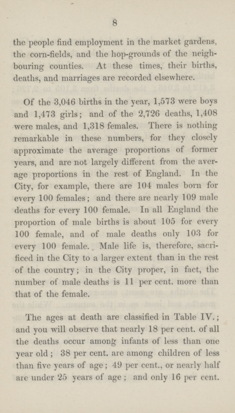 8 the people find employment in the market gardens, the com-fields, and the hop-grounds of the neigh bouring counties. At these times, their births, deaths, and marriages are recorded elsewhere. Of the 3,046 births in the year, 1,573 were boys and 1,473 girls; and of the 2,726 deaths, 1,408 were males, and 1,318 females. There is nothing remarkable in these numbers, for they closely approximate the average proportions of former years, and are not largely different from the aver age proportions in the rest of England. In the City, for example, there are 104 males born for every 100 females; and there are nearly 109 male deaths for every 100 female. In all England the proportion of male births is about 105 for every 100 female, and of male deaths only 103 for every 100 female. Male life is, therefore, sacri ficed in the City to a larger extent than in the rest of the country; in the City proper, in fact, the number of male deaths is 11 percent, more than that of the female. The ages at death are classified in Table IV.; and you will observe that nearly 18 per cent, of all the deaths occur among infants of less than one year old; 38 per cent, are among children of less than five years of age; 49 per cent., or nearly half ate under 25 years of age; and only 16 per cent.