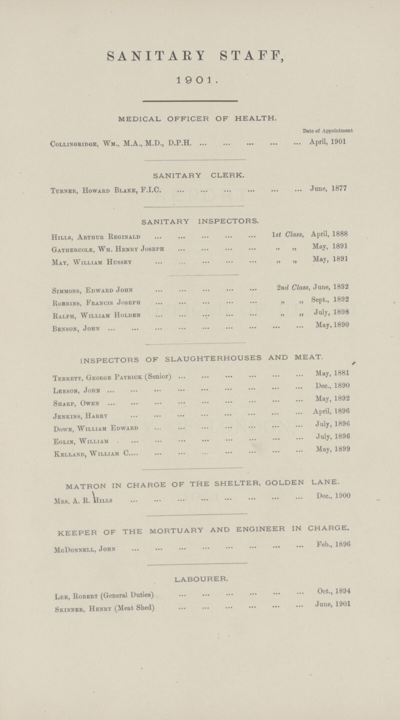 SANITARY STAFF, 19 0 1. medical officer of health. Date of Appointment Collingridge, Wm., M.A., M.D., D.P.H April, 1901 sanitary clerk. Turner, Howard Blake, F.I.C June, 1877 sanitary inspectors. Hills, Arthur Reginald 1st Class, April, 1888 Gathercole, Wm. Henry Joseph „ „ May, 1891 May, William Hussey „ „ May, 1891 Simmons, Edward John 2nd Class, June, 1892 Robbins, Francis Joseph „ ,, Sept., 1892 Ralph, William Holden „ „ July, 1898 Benson, John May, 1890 inspectors of slaughterhouses and meat. Terrett, George Patrick(Senior) May, 1881 Leeson, John Dec., 1890 Sharp, Owen May, 1892 Jenkins, Harry April, 1896 Down, William Edward July, 1896 Eglin, William July, 1896 Kelland, William C May, 1899 matron in charge of the shelter, golden lane. Mrs. A. R. Hills Dec., 1900 keeper of the mortuary and engineer in charge. McDonnell, John Feb., 1896 labourer. Lee, Robert (General Duties) Oct., 1894 Skinner, Henry (Meat Shed) June, 1901