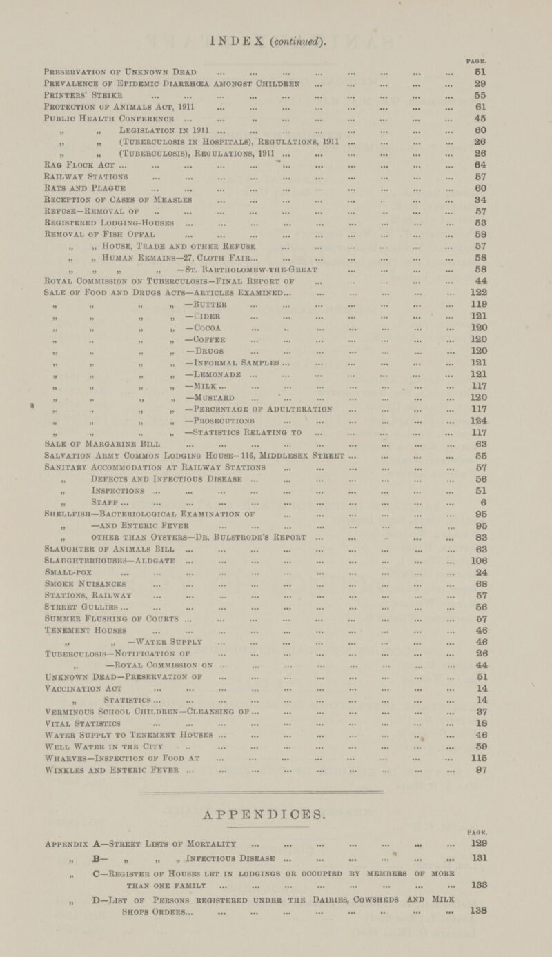 INDEX (continued). PAGE. Preservation of Unknown Dead 51 Prevalence of Epidemic Diarrhœa amongst Children 29 Printers' Steikr 55 Protection of Animals Act, 1911 61 Public Health Conference 45 „ „ Legislation in 1911 80 „ „ (Tuberculosis in Hospitals), Regulations, 1911 20 „ „ (Tuberculosis), Regulations, 1911 20 Rag Flock Act 04 Railway Stations 57 Rats and Plague 60 Reception of cases of Measles 34 Refuse—Removal of 57 Registered Lodging.Houses 53 Removal of Fish Offal 58 „ „ House, Trade and other Refuse 57 „ „ Human Remains—27, Cloth Fair 58 „ „ „ „ —St. Bartholomew.the.Great 58 Royal Commission on Tuberculosis—Final Report of 44 Sale of Food and Drugs Acts—Articles Examined 122 „ „ „ „ —Butter 119 „ „ „ —Cider 121 „ „ „ „ —Cocoa 120 „ „ „ „ —Coffee . 120 „ „ „ „ —Drugs 120 „ „ „ „ —Informal Samples 121 „ „ „ „ —Lemonade 121 „ „ —Milk 117 „ „ „ „ —Mustard 120 * „ ., „ „ — Percentage of Adulteration 117 „ „ „ „ —Prosecutions 124 „ „ „ „ —Statistics Relating to 117 Sale of Margarine Bill 03 Salvation Army Common Lodging House—116, Middlesex Street 55 Sanitary Accommodation at Railway Stations 57 „ Defects and Infectious Disease 50 „ Inspections 51 „ Staff 8 Shellfish—Bacteriological Examination of 95 „ —and Enteric Fever 95 „ other than Oysters—Dr. Bulstrode's Report 83 Slaughter of Animals Bill 83 Slaughterhouses—Aldgate 100 Small.pox 24 Smoke Nuisances 68 Stations, Railway 57 Street Gullies 50 Summer Flushing of Courts 67 Tenement Houses 46 „ „ —Water Supply 40 Tuberculosis—Notification of 26 „ —Royal Commission on 44 Unknown Dead—Preservation of 51 Vaccination Act 14 „ Statistics 14 Verminous School Children—Cleansing of 37 Vital Statistics 18 Water Supply to Tenement Houses 46 Well Water in the City 59 Wharves—Inspection of Food at 115 Winkles and Enteric Fever 97 APPENDICES. PAGE. Appendix A—Street Lists of Mortality 129 „ B— „ „ „ Infectious Disease 131 „ C—Register of Houses let in lodgings or occupied by members of more than one family 133 „ d—List of Persons registered under the Dairies, Cowsheds and Milk Shops Orders. 138