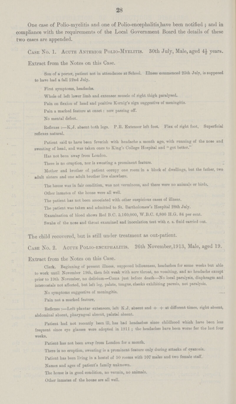28 One case of Polio.myelitis and one of Polio.encephalitis have been notified; and in compliance with the requirements of the Local Government Board the details of these two cases are appended. Case No. 1. Acute Anterior Polio.Myelitis. 30th July, Male, aged 4 ½years. Extract from the Notes on this Case. Son of a porter, patient not in attendance at School. Illness commenced 25th Julj, is supposed to have had a fall 22nd July. First symptoms, headache. Whole of left lower limb and extensor muscle of right thigh paralysed. Pain on flexion of head and positive Kernig's sign suggestive of meningitis. Pain a marked feature at onset: now passing off. No mental defect. Reflexes:—K.J. absent both legs. P.R. Extensor left foot. Flex of right foot. Superficial reflexes natural. Patient said to have been feverish with headache a month ago, with running of the nose and sweating of head, and was taken once to King's College Hospital and got better. Has not been away from London. There is no eruption, nor is sweating a prominent feature. Mother and brother of patient occupy one room in a block of dwellings, but the father, two adult sisters and one adult brother live elsewhere. The house was in fair condition, was not verminous, and there were no animals or birds. Other inmates of the house were all well. The patient has not been associated with other suspicious cases of illness. The patient was taken and admitted to St. Bartholomew's Hospital 28th July. Examination of blood shows Red B.C. 5,160,000, W.B.C. 6,800 H.G. 84 per cent. Swabs of the nose and throat examined and inoculation test with c. s. fluid carried out. The child recovered, but is still under treatment as out.patient. Case No. 2. Acute Polio.encephalitis. 26th November, 1913, Male, aged 19. Extract from the Notes on this Case. Clerk. Beginning of present illness, supposed biliousness, headaches for some weeks but able to work until November 19th, then felt weak with sore throat, no vomiting, and no headache except prior to 19th November, no delirium—Coma just before death—No local paralysis, diaphragm and intercostals not affected, but left leg, palate, tongue, cheeks exhibiting paresis, not paralysis. No symptoms suggestive of meningitis. Pain not a marked feature. Reflexes:—Left plantar extensors, left K.J. absent and + + at different times, right absent, abdominal absent, pharyngeal absent, palatal absent. Patient had not recently been ill, has had headaches since childhood which have been less frequent since eye glasses were adopted in 1911; the headaches have been worse for the last four weeks. Patient has not been away from London for a month. There is no eruption, sweating is a prominent feature only during attacks of cyanosis. Patient has been living in a hostel of 50 rooms with 107 males and two female staff. Names and ages of patient's family unknown. The house is in good condition, no vermin, no animals. Other inmates of the house are all well.