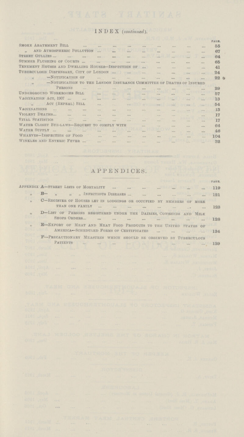 INDEX (continued). Page. Smoke Abatement Bill 55 „ and Atmospheric Pollution 67 Street Gullies 64 Summer Flushing op Courts 65 Tenement Houses and Dwelling Houses—Inspection of 41 Tuberculosis Dispensary, City of London 24 „ —Notification of 22 „ —Notification to the London Insurance Committee of Deaths of Insured Persons 29 Underground Workrooms Bill 57 Vaccination Act, 1907 13 „ Act (Repeal) Bill 54 Vaccinations 13 Violent Deaths 17 Vital Statistics 17 Water Closet Bye-laws—Request to comply with 64 Water Supply 46 Wharves—Inspection of Food 104 Winkles and Enteric Fever 32 APPENDICES. page. Appendix A—Street Lists of Mortality 119 „ B— „ „ „ Infectious Diseases 121 „ C—Register of Houses let in lodgings or occupied by members of more than one family 123 „ D—List of Persons registered under the Dairies, Cowsheds and Milk Shops Orders 128 „ E—Export of Meat and Meat Food Products to the United States of America—Scheduled Forms of Certificates 134 P—Precautionary Measures which should be observed by Tuberculous Patients 139