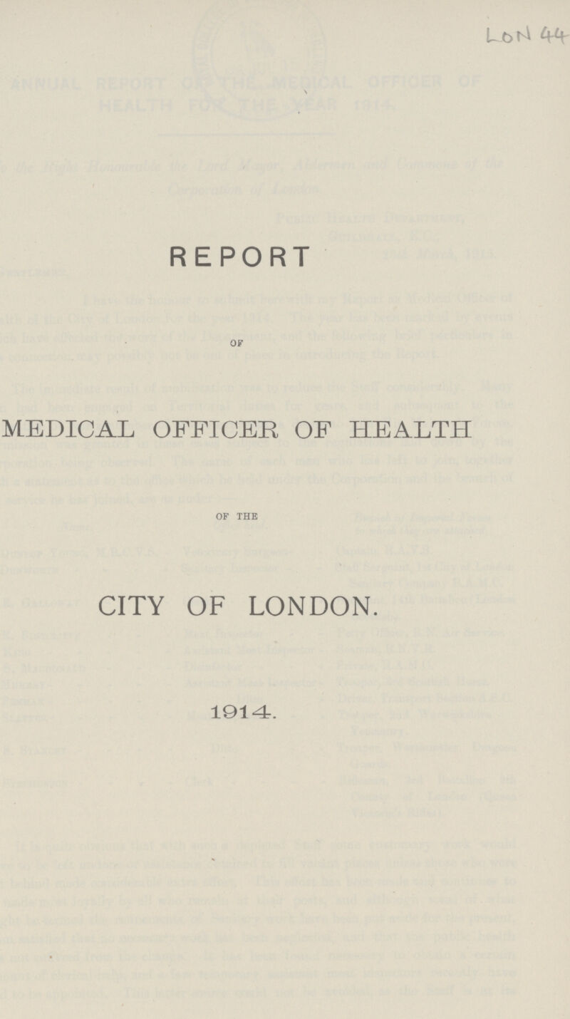 REPORT OF MEDICAL OFFICER OF HEALTH OF THE CITY OF LONDON. 1914.
