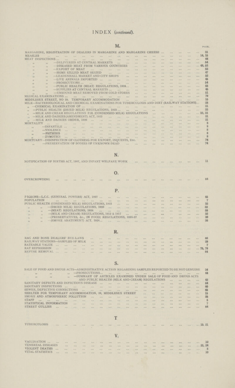 INDEX (continued) iy1 page MARGARINE, REGISTRATION OF DEALERS IN MARGARINE AND MARGARINE CHEESE 31 MEASLES 14, 15 MEAT INSPECTIONS 44 „ „ —DELIVERIES AT CENTRAL MARKETS 54 —DISEASED MEAT FROM VARIOUS COUNTRIES 48, 53 —EXPORT OF MEAT 53 —HOME KILLED MEAT SEIZED 47 —LEADENHALL MARKET AND CITY SHOPS 52 —LIVE ANIMALS IMPORTED 45 —PROSECUTIONS 54 —PUBLIC HEALTH (MEAT) REGULATIONS, 1924 55 —SUPPLIES AT CENTRAL MARKETS 45 —UNSOUND MEAT REMOVED FROM COLD STORES 51 MEDICAL EXAMINATIONS 79 MIDDLESEX STREET, NO 29 TEMPORARY ACCOMMODATION 15 MILK—BACTERIOLOGICAL AND CHEMICAL EXAMINATIONS FOR TUBERCULOSIS AND DIRT (RAILWAY STATIONS) 28 „ —CHEMICAL EXAMINATION OF 31 „ —PUBLIC HEALTH (DRIED MILK) REGULATIONS, 1923 33 „ —MILK AND CREAM REGULATIONS PH (CONDENSED MILK) REGULATIONS 32, 33 , —MILK AND DAIRIES (AMENDMENT) ACT, 1922 31 „ —MILK AND DAIRIES ORDER, 1926 31 MORTALITY 8 „ —INFANTILE 8 —VIOLENCE 8 —PHTHISIS 8 —ZYMOTICS 8 MORTUARY—DISINFECTION OF CLOTHING FOR EXPORT, INQUESTS, Etc 74 „ —PRESERVATION OF BODIES OF UNKNOWN DEAD 74 N NOTIFICATION OF BIRTHS ACT, 1907, AND INFANT WELFARE WORK 11 o OVERCROWDING 84 P PIGEONS—LCC (GENERAL POWERS) ACT, 1927 66 POPULATION 7 PUBLIC HEALTH (CONDENSED MILK) REGULATIONS, 1923 33 —(DRIED MILK) REGULATIONS, 1923 33 —(MEAT) REGULATIONS, 1924 56 —(MILK AND CREAM) REGULATIONS, 1912 & 1917 32 — (PRESERVATIVES, &c, IN FOOD) REGULATIONS, 1925-27 30 —(SMOKE ABATEMENT) ACT, 1926 26 R RAG AND BONE DEALERS' BYE-LAWS 66 RAILWAY STATIONS—SAMPLES OF MILK 28 RATEABLE VALUE 7 RAT REPRESSION 75, 78 REFUSE REMOVAL 64 s SALE OF FOOD AND DRUGS ACTS—ADMINISTRATIVE ACTION REGARDING SAMPLES REPORTED TO BE NOT GENUINE 34 ,, —PROSECUTIONS 44 „ —SUMMARY OF ARTICLES EXAMINED UNDER SALE OF FOOD AND DRUGS ACTS AND PUBLIC HEALTH (MILK AND CREAM) REGULATIONS 42 SANITARY DEFECTS AND INFECTIOUS DISEASE 64 SANITARY INSPECTIONS 60 SEWER, DEFECTIVE CONNECTIONS 65 SHELTER FOR TEMPORARY ACCOMMODATION, 29, MIDDLESEX STREET 15 SMOKE AND ATMOSPHERIC POLLUTION 26 STAFF 5 STATISTICAL INFORMATION 7 STREET GULLIES 64 T TUBERCULOSIS 16 21 V VACCINATION 10 VENEREAL DISEASES 21, 24 VIOLENT DEATHS 8 VITAL STATISTICS 10