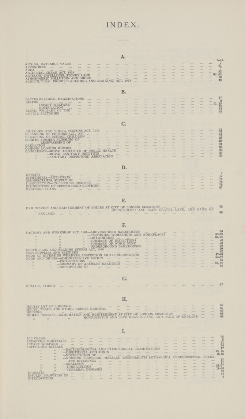 index. A. PAGE. ANNUAL RATEABLE VALUE 7 APPENDICES 81 AREA 7 ARTIFICIAL CREAM ACT, 1928 52 ARTIZANS' DWELLINGS, STONEY LANE 62, 63 ATMOSPHERIC POLLUTION AND SMOKE 28 AGRICULTURAL PRODUCE (GRADING AND MARKING) ACT, 1923 49 B. BACTERIOLOGICAL EXAMINATIONS 17 BIRTHS 8 „ INFANT WELFARE 11, 12 „ NOTIFICATION 12 BLIND, WELFARE OF THE 12 BUTTER FACTORIES 52 c. CHILDREN AND YOUNG PERSONS ACT, 1932 12 CLEANSING OF PERSONS ACT, 1897 76 CLEANSING OF SCHOOL CHILDREN 76 COURTS, SUMMER FLUSHING OF 67 „ LIMEWASHING OF 67 CREMATION 29 COMMON LODGING HOUSES 66 CONGRESSES—ROYAL INSTITUTE OF PUBLIC HEALTH 23 —ROYAL SANITARY INSTITUTE 23 —SANITARY INSPECTORS' ASSOCIATION 23 D. DENSITY 7 DIPHTHERIA—ANTI-TOXIN 17 DISINFECTANTS, SUPPLY OF 76 DISINFECTION—INFECTIOUS DISEASES 76 DISINFECTION OF SECOND-HAND CLOTHING 76 DRAINAGE PLANS 67 E. EXHUMATION AND REINTERMENT OF BODIES AT CITY OF LONDON CEMETERY 68 „ „ „ HOUNDSDITCH AND BACK GRAVEL LANE, AND BANK OF ENGLAND 68 F. FACTORY AND WORKSHOP ACT, 1901—ABOVEGROUND BAKEHOUSES 69 „ „ „ —FACTORIES, WORKSHOPS AND WORKPLACES 68-73 „ „ „ —OUTWORKERS 69-74 „ „ „ —SUMMARY OF INSPECTIONS 73 „ „ „ —SUMMARY OF WORK DONE 70 „ „ „ —UNDERGROUND BAKEHOUSES 69 FERTILISERS AND FEEDING STUFFS ACT, 1926 50 FISH SUPPLIES AND SEIZURES 42 FOOD AT RIVERSIDE WHARVES, INSPECTION AND CONDEMNATION 47-49 FOOD AND DRUGS—ADMINISTRATIVE ACTION 54-57 „ „ —PROSECUTIONS 60 „ „ —SUMMARY OF ARTICLES EXAMINED 58, 59 „ „ —SUPERVISION OF 50 G. GULLIES, STREET 67 H. HOUSES LET IN LODGINGS 65 HOUSE, TRADE AND OTHER REFUSE REMOVAL 67 HOUSING 66 HUMAN REMAINS—EXHUMATION AND REINTERMENT AT CITY OK LONDON CEMETERY 68 „ „ „ HOUNDSDITCH AND BACK GRAVEL LANE, AND BANK OF ENGLAND 68 I. ICE CREAM 75 INFANTILE MORTALITY 8 INFANT WELFARE 11 INFECTIOUS DISEASE 14 „ „ —BACTERIOLOGICAL AND PATHOLOGICAL EXAMINATIONS 17 „ „ —DIPHTHERIA ANTI-TOXIN 14, 15 „ „ —NOTIFICATION OF 15,16 „ „ —NURSING PROVISION—MEASLES, ENCEPHALITIS LETHARGICA, CEREBROSPINAL FEVER AND INFLUENZA 17 „ „ —SMALLPOX 17 „ „ —TUBERCULOSIS 21-27 „ „ —VENEREAL DISEASES 18-20 INQUESTS 76 INSULIN, PROVISION OF 17 INTRODUCTION 7