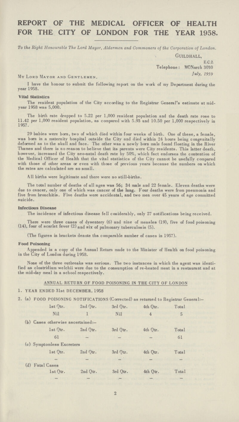 REPORT OF THE MEDICAL OFFICER OF HEALTH FOR THE CITY OF LONDON FOR THE YEAR 1958. To the Right Honourable The Lord Mayor, Aldermen and Commoners of the Corporation of London. Guildhall, E.C.2. Telephone: MONarch 3030 July. 1959 My Lord Mayor and Gentlemen, I have the honour to submit the following report on the work of ray Department during the year 1958. Vital Statistics The resident population of the City according to the Registrar General's estimate at mid year 1958 was 5,000. The birth rate dropped to 5.22 per 1,000 resident population and the death rate rose to 11.42 per 1,000 resident population, as compared with 5.93 and 10.50 per 1,000 respectively in 1957. 29 babies were born, two of which died within four weeks of birth. One of these, a female, was born in a maternity hospital outside the City and died within 24 hours being congenitally deformed as to the skull and face. The other was a newly born male found floating in the River Thames and there is no reason to believe that its parents were City residents. This latter death, however, increased the City neo-natal death rate by 50%, which fact endorses the contention of the Medical Officer of Health that the vital statistics of the City cannot be usefully compared with those of other areas or even with those of previous years because the numbers on which the rates are calculated are so small. All births were legitimate and there were no still-births. The total number of deaths of all ages was 56; 34 male and 22 female. Eleven deaths were due to cancer, only one of which was cancer of the lung. Four deaths were from pneumonia and five from bronchitis. Five deaths were accidental, and two men over 45 years of age committed suicide. Infectious Disease The incidence of infectious disease fell cosiderably, only 27 notifications being received. There were three cases of dysentery (6) and nine of measles (19), five of food poisoning (14), four of scarlet fever (2) and six of pulmonary tuberculosis (5). (The figures in brackets denote the comparable number of cases in 1957). Food Poisoning Appended is a copy of the Annual Return made to the Minister of Health on food poisoning in the City of London during 1958. None of the three outbreaks was serious. The two instances in which the agent was identi fied as Clostridium welchii were due to the consumption of re-heated meat in a restaurant and at the mid-day meal in a school respectively. ANNUAL RETURN OF FOOD POISONING IN THE CITY OF LONDON 1. YEAR ENDED 31st DECEMBER, 1958 2. (a) FOOD POISONING NOTIFICATIONS (Corrected) as returned to Registrar General:— 1st Qtr. 2nd Qtr. 3rd Qtr. 4th Qtr. Total Nil 1 Nil 4 5 (b) Cases otherwise ascertained:— 1st Qtr. 2nd Qtr. 3rd Qtr. 4th Qtr. Total 61 61 (c) Symptomless Excreters 1st Qtr. 2nd Qtr. 3rd Qtr. 4th Qtr. Total (d) Fatal Cases 1st Qtr. 2nd Qtr. 3rd Qtr. 4th Qtr. Total 2