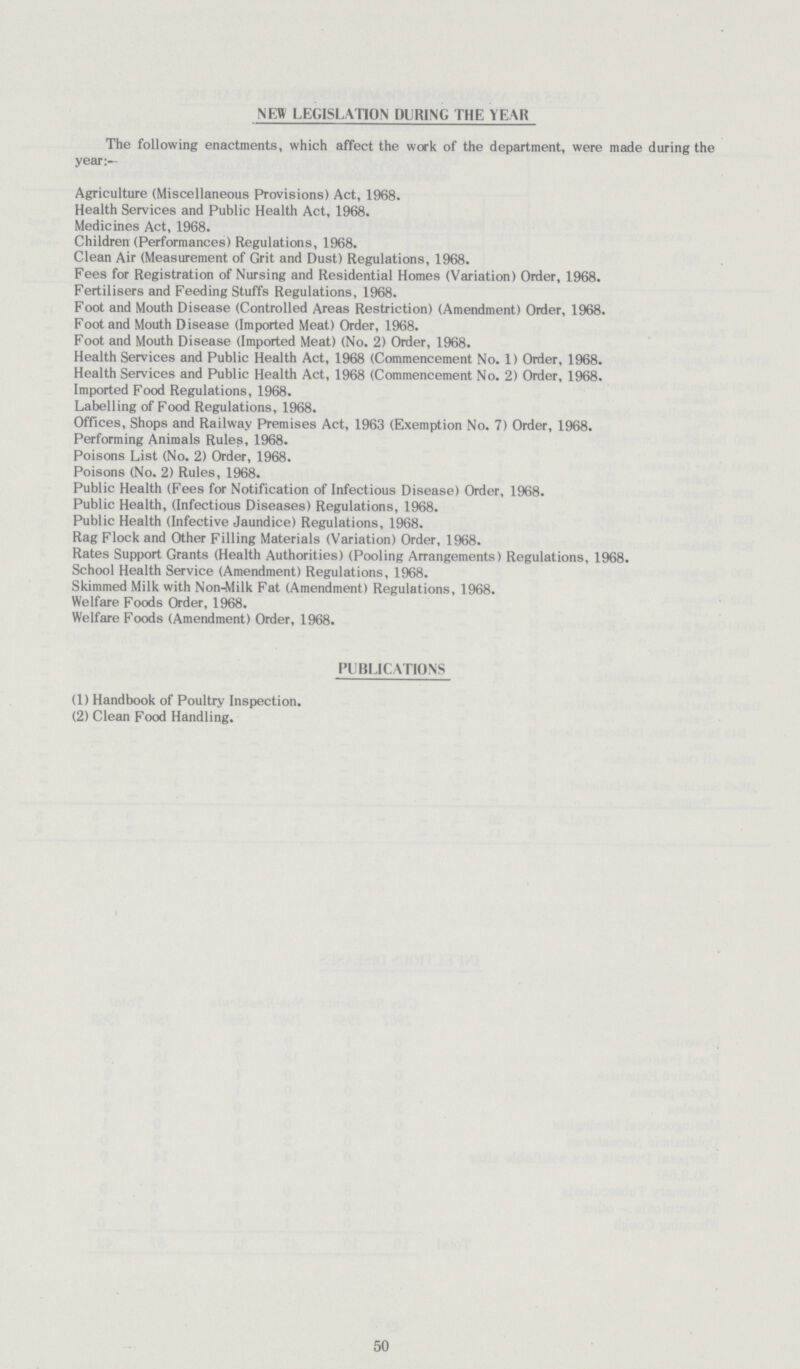 NEW LEGISLATION DURING THE YEAR The following enactments, which affect the work of the department, were made during the year:— Agriculture (Miscellaneous Provisions) Act, 1968. Health Services and Public Health Act, 1968. Medicines Act, 1968. Children (Performances) Regulations, 1968. Clean Air (Measurement of Grit and Dust) Regulations, 1968. Fees for Registration of Nursing and Residential Homes (Variation) Order, 1968. Fertilisers and Feeding Stuffs Regulations, 1968. Foot and Mouth Disease (Controlled Areas Restriction) (Amendment) Order, 1968. Foot and Mouth Disease (Imported Meat) Order, 1968. Foot and Mouth Disease (Imported Meat) (No. 2) Order, 1968. Health Services and Public Health Act, 1968 (Commencement No. 1) Order, 1968. Health Services and Public Health Act, 1968 (Commencement No. 2) Order, 1968. Imported Food Regulations, 1968. Labelling of Food Regulations, 1968. Offices, Shops and Railway Premises Act, 1963 (Exemption No. 7) Order, 1968. Performing Animals Rules, 1968. Poisons List (No. 2) Order, 1968. Poisons (No. 2) Rules, 1968. Public Health (Fees for Notification of Infectious Disease) Order, 1968. Public Health, (Infectious Diseases) Regulations, 1968. Public Health (Infective Jaundice) Regulations, 1968. Rag Flock and Other Filling Materials (Variation) Order, 1968. Rates Support Grants (Health Authorities) (Pooling Arrangements) Regulations, 1968. School Health Service (Amendment) Regulations, 1968. Skimmed Milk with Non-Milk Fat (Amendment) Regulations, 1968. Welfare Foods Order, 1968. Welfare Foods (Amendment) Order, 1968. PUBLICATIONS (1) Handbook of Poultry Inspection. (2) Clean Food Handling.