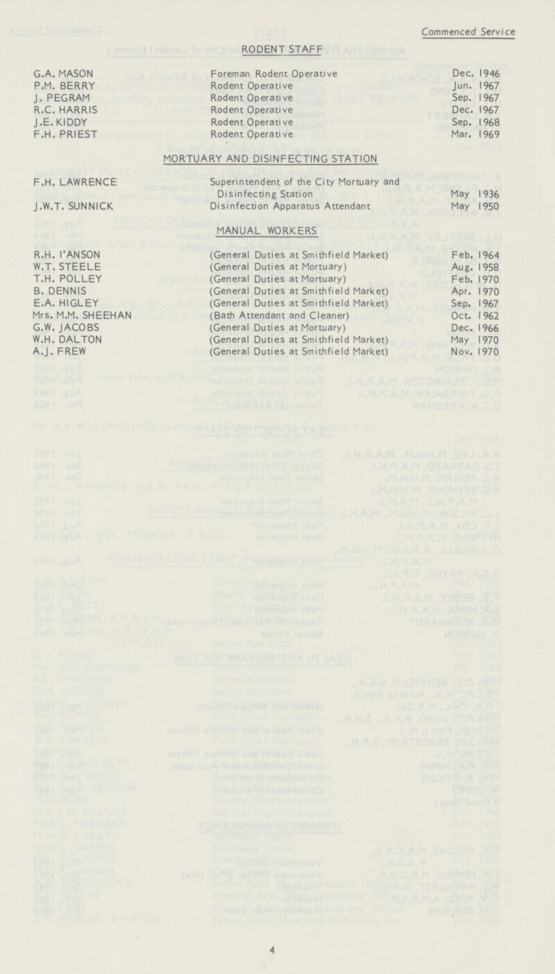 RODENT STAFF Commenced Service G.A. MASON Foreman Rodent Operative Dec. 1946 P.M. BERRY Rodent Operative Jun. 1967 J. PEGRAM Rodent Operati ve Sep. 1967 R.C. HARRIS Rodent Operative Dec. 1967 J.E. KIDDY Rodent Operative Sep. 1968 F.H. PRIEST Rodent Operati ve Mar. 1969 MORTUARY AND DISINFECTING STATION F.H. LAWRENCE Superintendent of the City Mortuary and Disinfecting Station May 1936 J.W.T. SUNNICK Disinfection Apparatus Attendant May 1950 MANUAL WORKERS R.H. 1'AN SON (General Duties at Smithfield Market) Feb. 1964 W.T. STEELE (General Duties at Mortuary) Aug. 1958 T.H. POLLEY (General Duties at Mortuary) Feb. 1970 B. DENNIS (General Duties at Smithfield Market) Apr. 1970 E.A. HIGLEY (General Duties at Smithfield Market) Sep. 1967 Mrs. M.M. SHEEHAN (Bath Attendant and Cleaner) Oct. 1962 G.W. JACOBS (General Duties at Mortuary) Dec. 1966 W.H. DALTON (General Duties at Smithfield Market) May 1970 A.J. FREW (General Duties at Smithfield Market) Nov. 1970 4