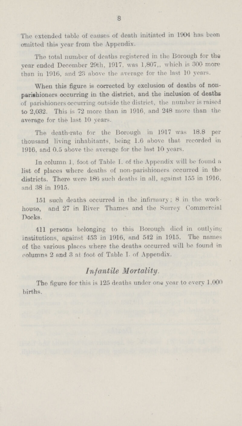 8 The extended table of causes of death initiated in 1904 has been omitted this year from the Appendix. The total number of deaths registered in the Borough for the year ended December 29th, 1917. was 1,807,, which is 300 more than in 1916, and 23 above the average for the last 10 years. When this figure is corrected by exclusion of deaths of non parishioners occurring in the district, and the inclusion of deaths of parishioners occurring outside the district, the number is raised to 2,032. This is 72 more than in 1910, and 248 more than the average for the last 10 years. The death-rate for the Borough in 1917 was 18.8 per thousand living inhabitants, being 1.6 above that recorded in 1916, and 0.5 above the average for the last 10 years. In column 1, foot of Table I. of the Appendix will be found a list of places where deaths of non-parishioners occurred in the districts. There were 186 such deaths in all, against 155 in 1916, and 38 in 1915. 151 such deaths occurred in the infirmary; 8 in the work house, and 27 in River Thames and the Surrey Commercial Docks. 411 persons belonging to this Borough died in outlying institutions, against 453 in 1916, and 542 in 1915. The names of the various places where the deaths occurred will be found in columns 2 and 3 at foot of Table I. of Appendix. Infantile Mortality. The figure for this is 125 deaths under onu year to every 1,000 births.
