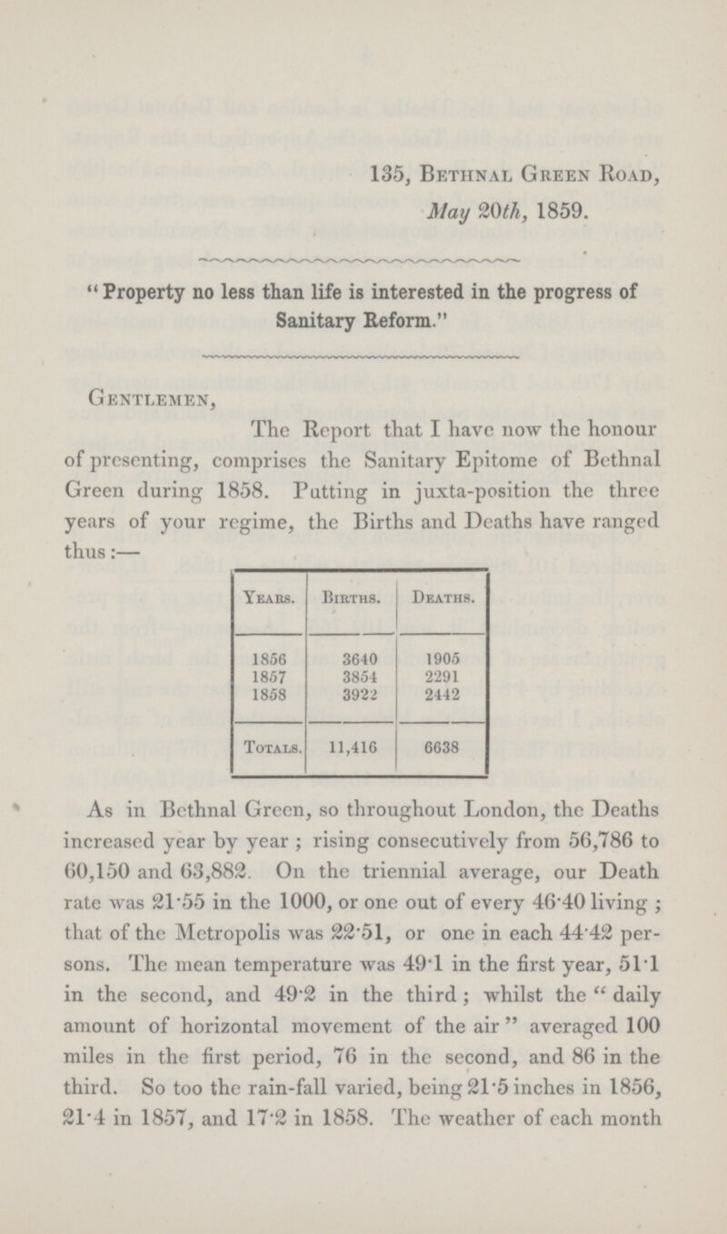 135, Bethnal Green Road, May 20th, 1859. Property no less than life is interested in the progress of Sanitary Reform. Gentlemen, The Report that I have now the honour of presenting, comprises the Sanitary Epitome of Bethnal Green during 1858. Putting in juxta-position the three years of your regime, the Births and Deaths have ranged thus:— Years. Births. Deaths. 1856 3640 1905 1857 3854 2291 1858 3922 2442 Totals. 11,416 6638 As in Bethnal Green, so throughout London, the Deaths increased year by year; rising consecutively from 56,786 to 60,150 and 63,882. On the triennial average, our Death rate was 21.55 in the 1000, or one out of every 46.40 living; that of the Metropolis was 22.51, or one in each 44.42 per sons. The mean temperature was 49.1 in the first year, 51T in the second, and 49'2 in the third; whilst the daily amount of horizontal movement of the air averaged 100 miles in the first period, 76 in the second, and 86 in the third. So too the rain-fall varied, being 21.5 inches in 1856, 21.4 in 1857, and 17.2 in 1858. The weather of each month