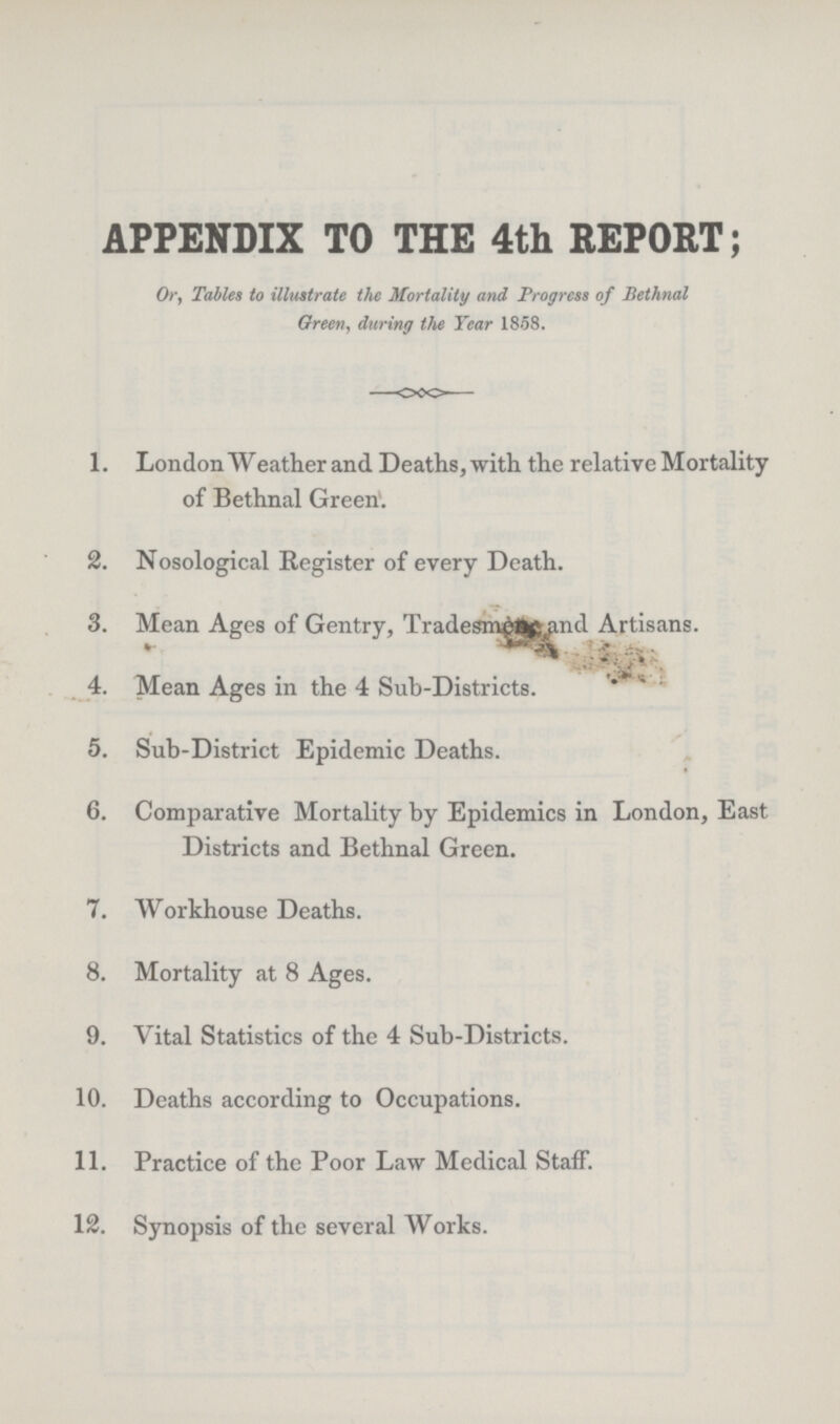 APPENDIX TO THE 4th REPORT; Or, Tables to illustrate the Mortality and Progress of Bethnal Green, during the Tear 1858. 1. London Weather and Deaths, with the relative Mortality of Bethnal Green. 2. Nosological Register of every Death. 3. Mean Ages of Gentry, Tradesmen and Artisans. 4. Mean Ages in the 4 Sub-Districts. 5. Sub-District Epidemic Deaths. 6. Comparative Mortality by Epidemics in London, East Districts and Bethnal Green. 7. Workhouse Deaths. 8. Mortality at 8 Ages. 9. Vital Statistics of the 4 Sub-Districts. 10. Deaths according to Occupations. 11. Practice of the Poor Law Medical Staff. 12. Synopsis of the several Works.