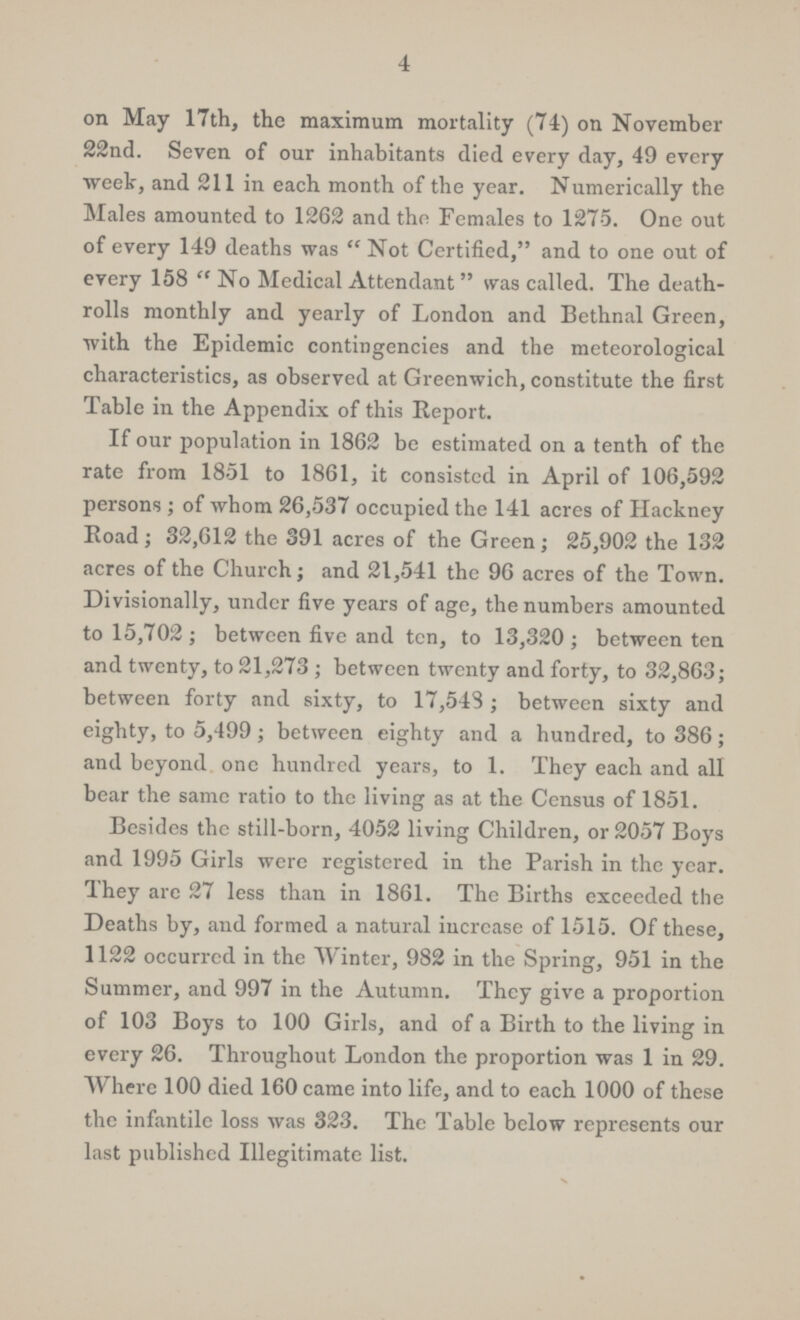 4 on May 17th, the maximum mortality (74) on November 22nd. Seven of our inhabitants died every day, 49 every week, and 211 in each month of the year. Numerically the Males amounted to 1262 and the Females to 1275. One out of every 149 deaths was Not Certified, and to one out of every 158 No Medical Attendant was called. The death rolls monthly and yearly of London and Bethnal Green, with the Epidemic contingencies and the meteorological characteristics, as observed at Greenwich, constitute the first Table in the Appendix of this Report. If our population in 1862 be estimated on a tenth of the rate from 1851 to 1861, it consisted in April of 106,592 persons; of whom 26,537 occupied the 141 acres of Hackney Road; 32,612 the 391 acres of the Green; 25,902 the 132 acres of the Church; and 21,541 the 96 acres of the Town. Divisionally, under five years of age, the numbers amounted to 15,702; between five and ten, to 13,320; between ten and twenty, to 21,273; between twenty and forty, to 32,863; between forty and sixty, to 17,548; between sixty and eighty, to 5,499; between eighty and a hundred, to 386; and beyond one hundred years, to 1. They each and all bear the same ratio to the living as at the Census of 1851. Besides the still-born, 4052 living Children, or 2057 Boys and 1995 Girls were registered in the Parish in the year. They are 27 less than in 1861. The Births exceeded the Deaths by, and formed a natural increase of 1515. Of these, 1122 occurred in the Winter, 982 in the Spring, 951 in the Summer, and 997 in the Autumn. They give a proportion of 103 Boys to 100 Girls, and of a Birth to the living in every 26. Throughout London the proportion was 1 in 29. Where 100 died 160 came into life, and to each 1000 of these the infantile loss was 323. The Table below represents our last published Illegitimate list.
