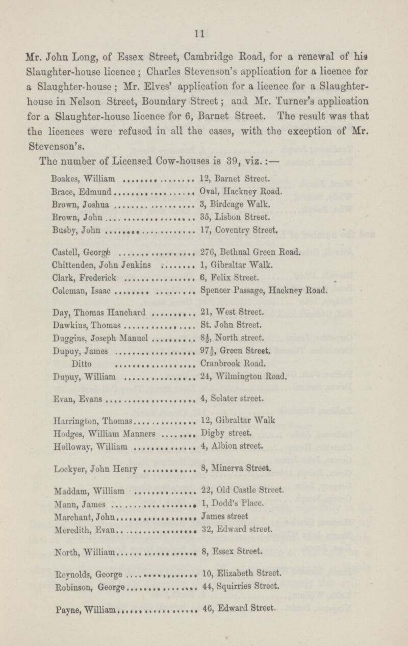 11 Mr. John Long, of Essex Street, Cambridge Road, for a renewal of his Slaughter-house licence; Charles Stevenson's application for a licence for a Slaughter-house; Mr. Elves' application for a licence for a Slaughter house in Nelson Street, Boundary Street; and Mr. Turner's application for a Slaughter-house licence for 6, Barnet Street. The result was that the licences were refused in all the cases, with the exception of Mr. Stevenson's. The number of Licensed Cow-houses is 39, viz.:— Boakes, William 12, Barnet Street. Brace, Edmund Oval, Hackney Road. Brown, Joshua 3, Birdcage Walk. Brown, John 35, Lisbon Street. Busby, John 17, Coventry Street. Castell, George 276, Bethnal Green Road. Chittenden, John Jenkins 1, Gibraltar Walk. Clark, Frederick 6, Felix Street. Coleman, Isaac Spencer Passage, Hackney Road. Day, Thomas Hanchard 21, West Street. Dawkins, Thomas St. John Street. Duggins, Joseph Manuel 8½, North street. Dupuy, James 97½, Green Street. Ditto Cranbrook Road. Dupuy, William 24, Wilmington Road. Evan, Evans 4, Sclater street. Harrington, Thomas 12, Gibraltar Walk Hodges, William Manners Digby street. Holloway, William 4, Albion street. Lockyer, John Henry 8, Minerva Street. Maddam, William 22, Old Castle Street. Mann, James 1, Dodd's Place. Marchant, John James street Meredith, Evan 32, Edward street. North, William 8, Essex Street. Reynolds, George 10, Elizabeth Street. Robinson, George 44, Squirries Street. Payne, William 46, Edward Street.