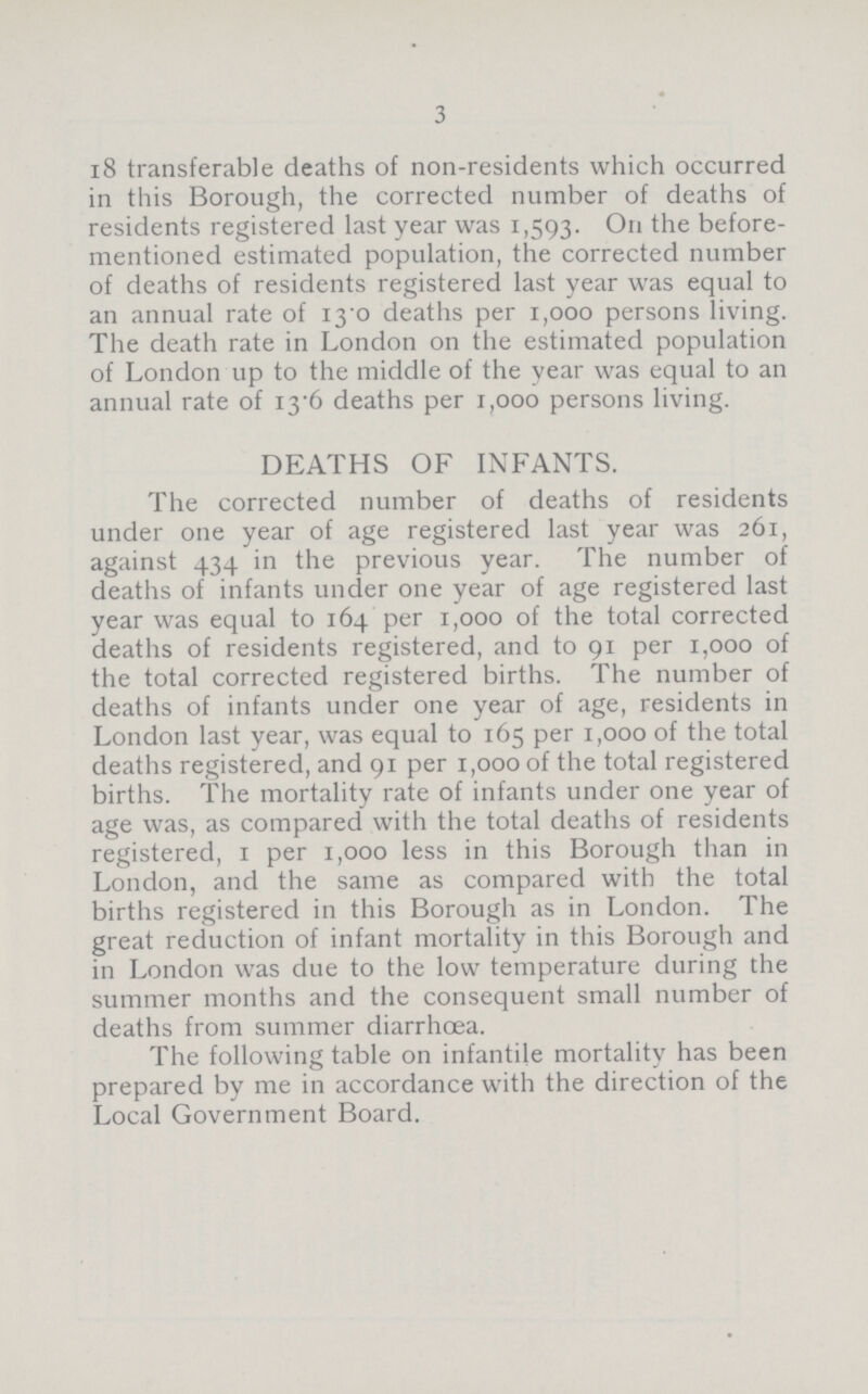 3 18 transferable deaths of non-residents which occurred in this Borough, the corrected number of deaths of residents registered last year was 1,593. On the before mentioned estimated population, the corrected number of deaths of residents registered last year was equal to an annual rate of 130 deaths per 1,000 persons living. The death rate in London on the estimated population of London up to the middle of the year was equal to an annual rate of 13.6 deaths per 1,000 persons living. DEATHS OF INFANTS. The corrected number of deaths of residents under one year of age registered last year was 261, against 434 in the previous year. The number of deaths of infants under one year of age registered last year was equal to 164 per 1,000 of the total corrected deaths of residents registered, and to 91 per 1,000 of the total corrected registered births. The number of deaths of infants under one year of age, residents in London last year, was equal to 165 per 1,000 of the total deaths registered, and 91 per 1,000 of the total registered births. The mortality rate of infants under one year of age was, as compared with the total deaths of residents registered, 1 per 1,000 less in this Borough than in London, and the same as compared with the total births registered in this Borough as in London. The great reduction of infant mortality in this Borough and in London was due to the low temperature during the summer months and the consequent small number of deaths from summer diarrhoea. The following table on infantile mortality has been prepared by me in accordance with the direction of the Local Government Board.