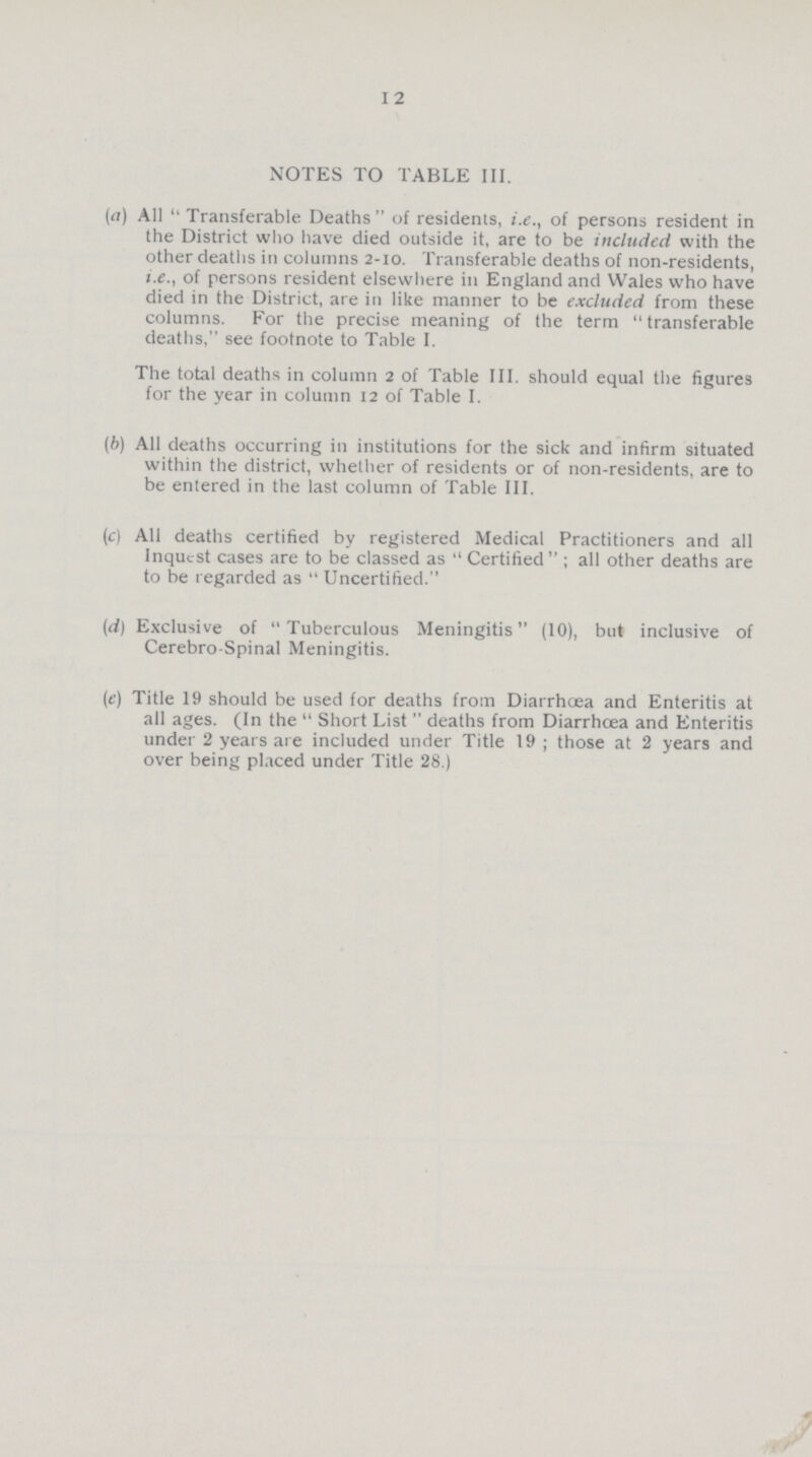 I 2 NOTES TO TABLE III. (a) All Transferable Deaths of residents, i.e., of persons resident in the District who have died outside it, are to be included with the other deaths in columns 2-10. Transferable deaths of non-residents, i.e., of persons resident elsewhere in England and Wales who have died in the District, are in like manner to be excluded from these columns. For the precise meaning of the term transferable deaths, see footnote to Table I. The total deaths in column 2 of Table III. should equal the figures for the year in column 12 of Table I. (6) All deaths occurring in institutions for the sick and infirm situated within the district, whether of residents or of non-residents, are to be entered in the last column of Table III. (c) All deaths certified by registered Medical Practitioners and all Inquest cases are to be classed as Certified ; all other deaths are to be regarded as Uncertified. (d) Exclusive of Tuberculous Meningitis (10), but inclusive of Cerebro-Spinal Meningitis. (e) Title 19 should be used for deaths from Diarrhcea and Enteritis at all ages. (In the Short List deaths from Diarrhcea and Enteritis under 2 years are included under Title 19; those at 2 years and over being placed under Title 28.)