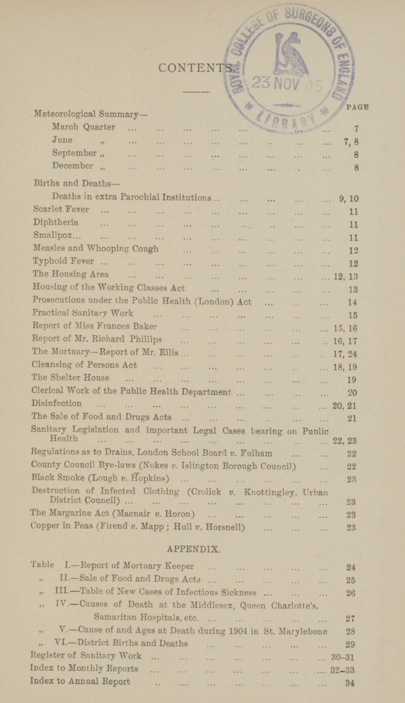 CONTENTS. PAGE Meteorological Summary— March Quarter 7 June „ 7, 8 September „ 8 December „ 8 Births and Deaths— Deaths in extra Parochial Institutions 9, 10 Scarlet Fever 11 Diphtheria 11 Smallpox 11 Measles and Whooping Cough 12 Typhoid Fever 12 The Housing Area12, 13 Housing of the Working Classes Act 13 Prosecutions under the Public Health (London) Act 14 Practical Sanitary Work 15 Report of Miss Frances Baker 15, 16 Report of Mr. Richard Phillips 16,17 The Mortuary—Report of Mr. Ellis 17,24 Cleansing of Persons Act 18, 19 The Shelter House 19 Clerical Work of the Public Health Department 20 Disinfection 20, 21 The Sale of Food and Drugs Acts 21 Sanitary Legislation and important Legal Cases bearing on Public Health 22, 23 Regulations as to Drains, London School Board v. Fulham 22 County Council Bye-laws (Nokes v. Islington Borough Council) 22 Black Smoke (Lough v. Hopkins) 23 Destruction of Infected Clothing (Crolick v. Knottingley. Urban District Council) 23 The Margarine Act (Macnair v. Horon) 23 Copper in Peas (Firend v. Mapp; Hull v. Horsnell) 23 APPENDIX. Table I.—Report of Mortuary Keeper 24 „ II.—Sale of Food and Drugs Acts 25 „ III.—Table of New Cases of Infectious Sickness 26 ,, IV.—Causes of Death at the Middlesex, Queen Charlotte's, Samaritan Hospitals, etc 27 „ V.—Cause of and Ages at Death during 1904 in St. Marylebone 28 „ VI.—District Births and Deaths 29 Register of Sanitary Work 30-31 Index to Monthly Reports 32-33 Index to Annual Report 34