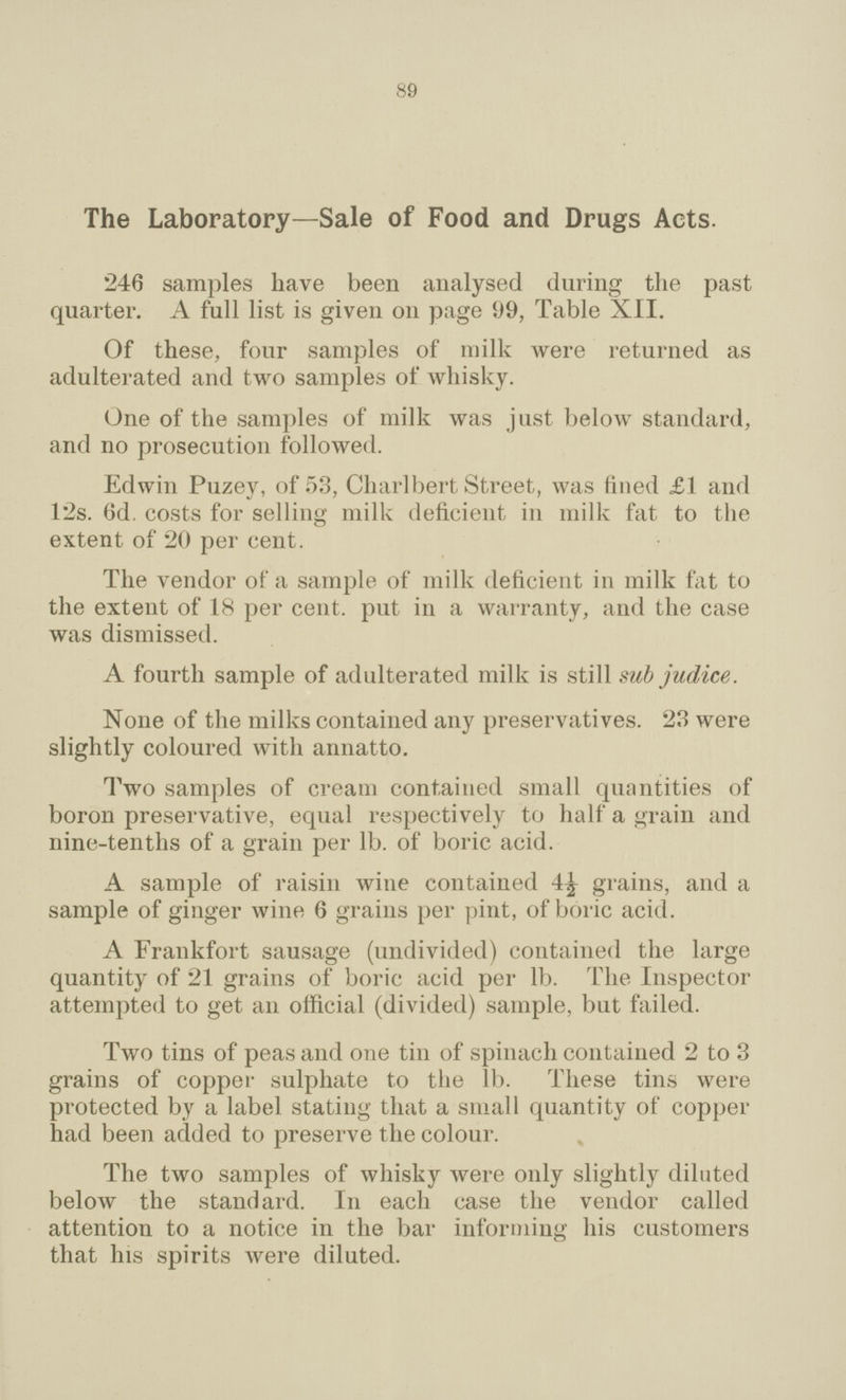 89 The Laboratory—Sale of Food and Drugs Acts. 246 samples have been analysed during the past quarter. A full list is given on page 99, Table XII. Of these, four samples of milk were returned as adulterated and two samples of whisky. One of the samples of milk was just below standard, and no prosecution followed. Edwin Puzey, of 53, Charlbert Street, was fined £1 and 12s. 6d. costs for selling milk deficient in milk fat to the extent of 20 per cent. The vendor of a sample of milk deficient in milk fat to the extent of 18 per cent. put in a warranty, and the case was dismissed. A fourth sample of adulterated milk is still sub judice. None of the milks contained any preservatives. 23 were slightly coloured with annatto. Two samples of cream contained small quantities of boron preservative, equal respectively to half a grain and nine-tenths of a grain per lb. of boric acid. A sample of raisin wine contained 4½ grains, and a sample of ginger wine 6 grains per pint, of boric acid. A Frankfort sausage (undivided) contained the large quantity of 21 grains of boric acid per lb. The Inspector attempted to get an official (divided) sample, but failed. Two tins of peas and one tin of spinach contained 2 to 3 grains of copper sulphate to the lb. These tins were protected by a label stating that a small quantity of copper had been added to preserve the colour. The two samples of whisky Avere only slightly diluted below the standard. In each case the vendor called attention to a notice in the bar informing his customers that his spirits were diluted.