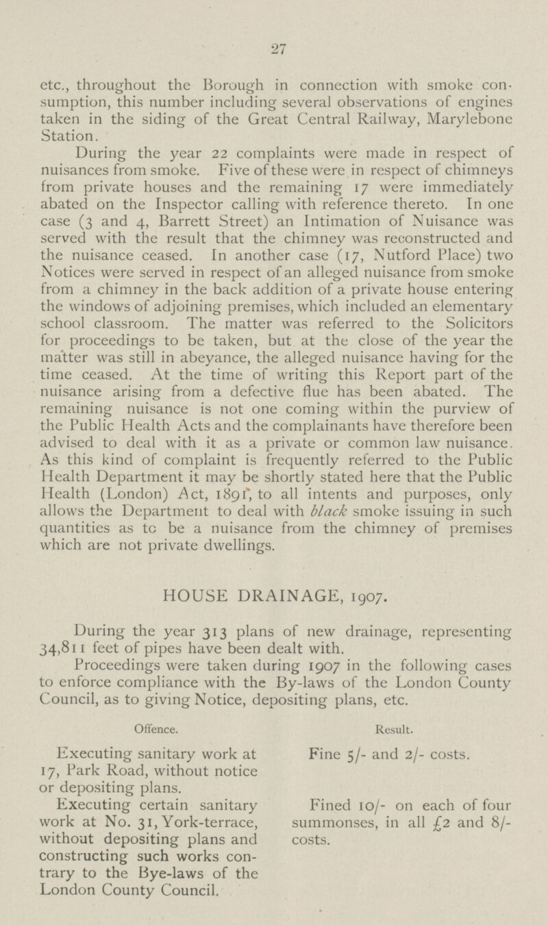 27 etc., throughout the Borough in connection with smoke con sumption, this number including several observations of engines taken in the siding of the Great Central Railway, Marylebone Station. During the year 22 complaints were made in respect of nuisances from smoke. Five of these were in respect of chimneys from private houses and the remaining 17 were immediately abated on the Inspector calling with reference thereto. In one case (3 and 4, Barrett Street) an Intimation of Nuisance was served with the result that the chimney was reconstructed and the nuisance ceased. In another case (17, Nutford Place) two Notices were served in respect of an alleged nuisance from smoke from a chimney in the back addition of a private house entering the windows of adjoining premises, which included an elementary school classroom. The matter was referred to the Solicitors for proceedings to be taken, but at the close of the year the matter was still in abeyance, the alleged nuisance having for the time ceased. At the time of writing this Report part of the nuisance arising from a defective flue has been abated. The remaining nuisance is not one coming within the purview of the Public Health Acts and the complainants have therefore been advised to deal with it as a private or common law nuisance. As this kind of complaint is frequently referred to the Public Health Department it may be shortly stated here that the Public Health (London) Act, 1891, to all intents and purposes, only allows the Department to deal with black smoke issuing in such quantities as tc be a nuisance from the chimney of premises which are not private dwellings. HOUSE DRAINAGE, 1907. During the year 313 plans of new drainage, representing 34,811 feet of pipes have been dealt with. Proceedings were taken during 1907 in the following cases to enforce compliance with the By-laws of the London County Council, as to giving Notice, depositing plans, etc. Offence. Executing sanitary work at 17, Park Road, without notice or depositing plans. Executing certain sanitary work at No. 31, York-terrace, without depositing plans and constructing such works con trary to the Bye-laws of the London County Council. Result. Fine 5/- and 2/- costs. Fined 10/- on each of four summonses, in all £2 and 8/ costs.