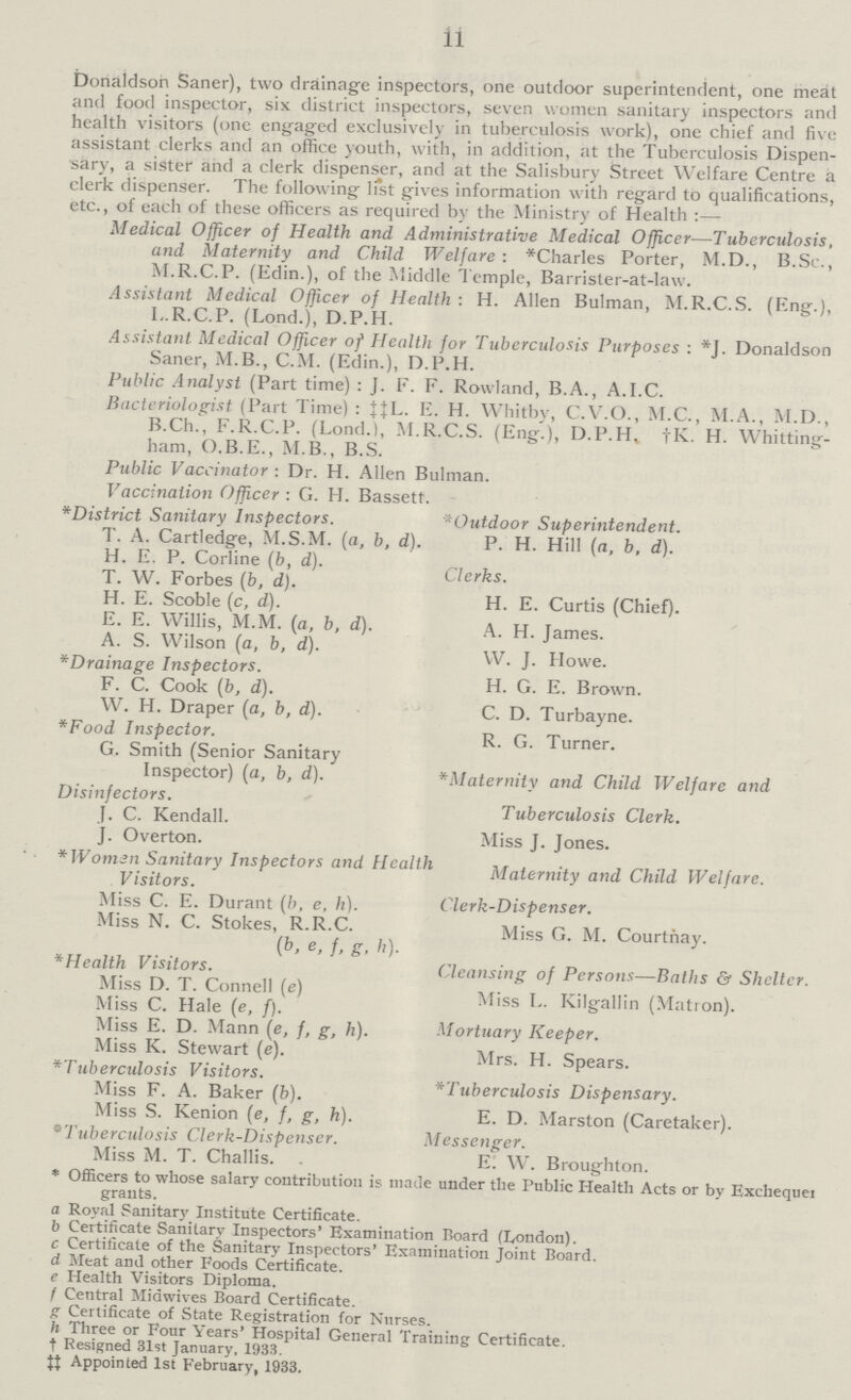 ii Donaldson Saner), two drainage inspectors, one outdoor superintendent, one meat and food inspector, six district inspectors, seven women sanitary inspectors and health visitors (one engaged exclusively in tuberculosis work), one chief and five assistant clerks and an office youth, with, in addition, at the Tuberculosis Dispen sary, a sister and a clerk dispenser, and at the Salisbury Street Welfare Centre a clerk dispenser. The following list gives information with regard to qualifications, etc., of each of these officers as required by the Ministry of Health:— Medical Officer of Health and Administrative Medical Officer—Tuberculosis, and Maternity and Child Welfare: *Charles Porter, M.D., B.Sc., M.R.C.P. (Edin.), of the Middle Temple, Barrister-at-law. Assistant Medical Officer of Health: H. Allen Bulman, M.R.C.S. (Eng.), I..R.C.P. (Lond.), D.P.H. Assistant Medical Officer of Health for Tuberculosis Purposes: *J. Donaldson Saner, M.B., C.M. (Edin.), D.P.H. Public Analyst (Part time): J. F. F. Rowland, B.A., A.I.C. Bacteriologist (Part Time): JJL. E. H. Whitby, C.V.O., M.C., M.A., M.D., B.Ch., F.R.C.P. (Lond.), M.R.C.S. (Eng.), D.P.H. fK. H. Whitting ham, O.B.E., M.B., B.S. Public Vaccinator: Dr. H. Allen Bulman. Vaccination Officer: G. H. Bassett. *District Sanitary Inspectors. -Outdoor Superintendent. T. A. Cartledge, M.S.M. (a, b, d). P. H. Hill (a, b, d). H. E. P. Corline (b, d). T. W. Forbes (b, d). Clerks. H. E. Scoble (c, d). H. E. Curtis (Chief). E. E. Willis, M.M. (a, b, d). a. H. James. A. S. Wilson (a, b, d). W. J. Howe *Drainage Inspectors. F. C. Cook (b, d). H- G- E- Brown. W. H. Draper (a, b, d). C. D. Turbayne. *Food Inspector. R. G. Turner. G. Smith (Senior Sanitary Inspector) (a, b, d). *Maternity and Child Welfare and Disinfectors. ' ' J. C. Kendall. Tuberculosis Clerk. J. Overton. Miss J. Jones. *Women Sanitary Inspectors and Health Maternity and child Welfare. Visitors. ' Miss C. E. Durant (b, e, h). Clerk-Dispenser. Miss N. C. Stokes, R.R.C. Miss G. M. Courtnay. (b, e, f, g, h). *Health Visitors. Cleansing of Persons—Baths & Shelter. Miss D. T. Connell (e) Miss C. Hale (e, f). MlSS L. Kilgallin (Matron)- Miss E. D. Mann (e, f, g, h). Mortuary Keeper. Miss K. Stewart (e). Mrs. H Spears. *Tuberculosis Visitors. Miss F. A. Baker (b). *Tuberculosis Dispensary. Miss S. Kenion (e, f, g, h). E. D. Marston (Caretaker). *Tuberculosis Clerk-Dispenser. Messenger. Miss M. T. Challis. E. W. Broughton. * Officers to whose salary contribution is made under the Public Health Acts or bv Exchequei grants. a Royal Sanitary Institute Certificate. b Certificate Sanitary Inspectors' Examination Board (London). c Certificate of the Sanitary Inspectors' Examination Joint Board. d Meat and other Foods Certificate. e Health Visitors Diploma. 1 Central Miawives Board Certificate. xt Certificate of State Registration for Nurses. h Three or Four Years' Hospital General Training Certificate. † Resigned 31st January. 1933. ‡‡ Appointed 1st February, 1933.