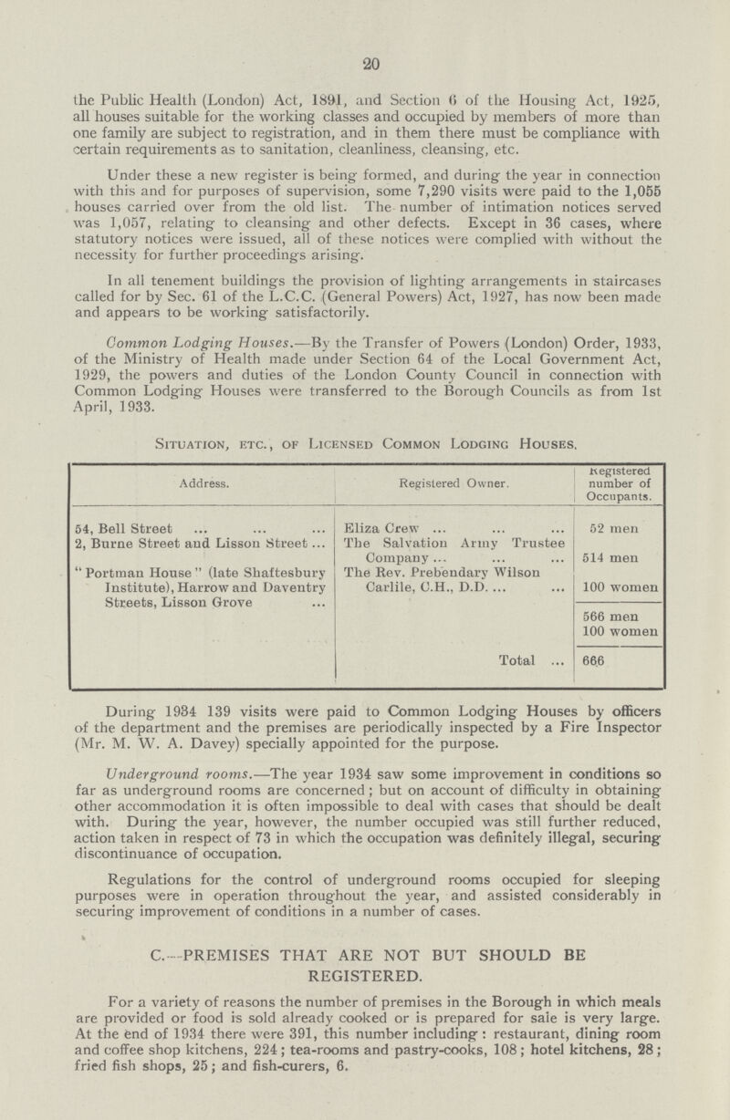 20 the Public Health (London) Act, 1891, and Section 6 of the Housing Act, 1925, all houses suitable for the working classes and occupied by members of more than one family are subject to registration, and in them there must be compliance with certain requirements as to sanitation, cleanliness, cleansing, etc. Under these a new register is being formed, and during the year in connection with this and for purposes of supervision, some 7,290 visits were paid to the 1,055 houses carried over from the old list. The number of intimation notices served was 1,057, relating to cleansing and other defects. Except in 36 cases, where statutory notices were issued, all of these notices were complied with without the necessity for further proceedings arising. In all tenement buildings the provision of lighting arrangements in staircases called for by Sec. 61 of the L.C.C. (General Powers) Act, 1927, has now been made and appears to be working satisfactorily. Common Lodging Houses.—By the Transfer of Powers (London) Order, 1933, of the Ministry of Health made under Section 64 of the Local Government Act, 1929, the powers and duties of the London County Council in connection with Common Lodging Houses were transferred to the Borough Councils as from 1st April, 1933. Situation, etc., of Licensed Common Lodging Houses. Address. Registered Owner. Registered number of Occupants. 54, Bell Street Eliza Crew 52 men 2, Burne Street and Lisson Street The Salvation Army Trustee Company 514 men Portman House (late Shaftesbury Institute), Harrow and Daventry Streets, Lisson Grove The Rev. Prebendary Wilson Carlile, O.H., D.D. 100 women 566 men 100 women Total 666 During 1934 139 visits were paid to Common Lodging Houses by officers of the department and the premises are periodically inspected by a Fire Inspector (Mr. M. W. A. Davey) specially appointed for the purpose. Underground rooms.—The year 1934 saw some improvement in conditions so far as underground rooms are concerned; but on account of difficulty in obtaining other accommodation it is often impossible to deal with cases that should be dealt with. During the year, however, the number occupied was still further reduced, action taken in respect of 73 in which the occupation was definitely illegal, securing discontinuance of occupation. Regulations for the control of underground rooms occupied for sleeping purposes were in operation throughout the year, and assisted considerably in securing improvement of conditions in a number of cases. C.-PREMISES THAT ARE NOT BUT SHOULD BE REGISTERED. For a variety of reasons the number of premises in the Borough in which meals are provided or food is sold already cooked or is prepared for sale is very large. At the fend of 1934 there were 391, this number including: restaurant, dining room and coffee shop kitchens, 224; tea-rooms and pastry-cooks, 108; hotel kitchens, 28; fried fish shops, 25; and fish-curers, 6.