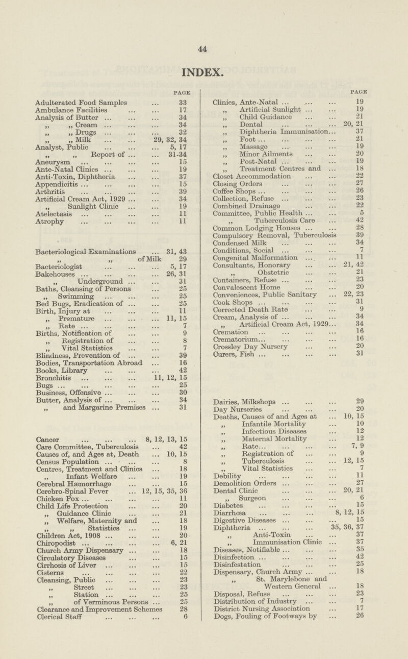 44 INDEX. page Adulterated Food Samples 33 Ambulance Facilities 17 Analysis of Butter 34 „ „ Cream 34 „ „ Drugs 32 „ Milk 29, 32, 34 Analyst, Public 5, 17 „ „ Report of 31-34 Aneurysm 15 Ante-Natal Clinics 19 Anti-Toxin, Diphtheria 37 Appendicitis 15 Arthritis 39 Artificial Cream Act, 1929 34 „ Sunlight Clinic 19 Atelectasis 11 Atrophy 11 Bacteriological Examinations 31,43 of Milk 29 Bacteriologist 5, 17 Bakehouses 26, 31 „ Underground 31 Baths, Cleansing of Persons 25 „ Swimming 25 Bed Bugs, Eradication of 25 Birth, Injury at 11 „ Premature 11, 15 „ Rate 7 Births, Notification of 9 „ Registration of 8 ,, Vital Statistics 7 Blindness, Prevention of 39 Bodies, Transportation Abroad 16 Books, Library 42 Bronchitis 11, 12, 15 Bugs 25 Business, Offensive 30 Butter, Analysis of 34 „ and Margarine Premises 31 Cancer 8, 12, 13, 15 Care Committee, Tuberculosis 42 Causes of, and Ages at, Death 10, 15 Census Population 8 Centres, Treatment and Clinics 18 ,, Infant Welfare 19 Cerebral Haemorrhage 15 Cerebro-Spinal Fever 12, 15, 35, 36 Chicken Pox 11 Child Life Protection 20 „ Guidance Clinic 21 „ Welfare, Maternity and 18 „ „ Statistics 19 Children Act, 1908 20 Chiropodist 6, 21 Church Army Dispensary 18 Circulatory Diseases 15 Cirrhosis of Liver 15 Cisterns 22 Cleansing, Public 23 „ Street 23 „ Station 25 „ of Verminous Persons 25 Clearance and Improvement Schemes 28 Clerical Staff 6 page Clinics, Ante-Natal 19 ,, Artificial Sunlight 19 ,, Child Guidance 21 „ Dental 20, 21 „ Diphtheria Immunisation 37 „ Foot 21 „ Massage 19 „ Minor Ailments 20 „ Post-Natal 19 ,, Treatment Centres and 18 Closet Accommodation 22 Closing Orders 27 Coffee Shops 26 Collection, Refuse 23 Combined Drainage 22 Committee, Public Health 5 ,, Tuberculosis Care 42 Common Lodging Houses 28 Compulsory Removal, Tuberculosis 39 Condensed Milk 34 Conditions, Social 7 Congenital Malformation 11 Consultants, Honorary 21, 42 ,, Obstetric 21 Containers, Refuse 23 Convalescent Home 20 Conveniences, Public Sanitary 22, 23 Cook Shops 31 Corrected Death Rate 9 Cream, Analysis of 34 „ Artificial Cream Act, 1929 34 Cremation 16 Crematorium 16 Crossley Day Nursery 20 Curers, Fish 31 Dairies, Milkshops 29 Day Nurseries 20 Deaths, Causes of and Ages at 10, 15 „ Infantile Mortality 10 ,, Infectious Diseases 12 „ Maternal Mortality 12 „ Rate 7, 9 ,, Registration of 9 ,, Tuberculosis 12, 15 ,, Vital Statistics 7 Debility 11 Demolition Orders 27 Dental Clinic 20, 21 „ Surgeon 6 Diabetes 15 Diarrhoea 8, 12, 15 Digestive Diseases 15 Diphtheria 35, 36, 37 ,, Anti-Toxin 37 ,, Immunisation Clinic 37 Diseases, Notifiable 35 Disinfection 42 Disinfestation 25 Dispensary, Church Army 18 ,, St. Marylebone and Western General 18 Disposal, Refuse 23 Distribution of Industry 7 District Nursing Association 17 Dogs, Fouling of Footways by 26