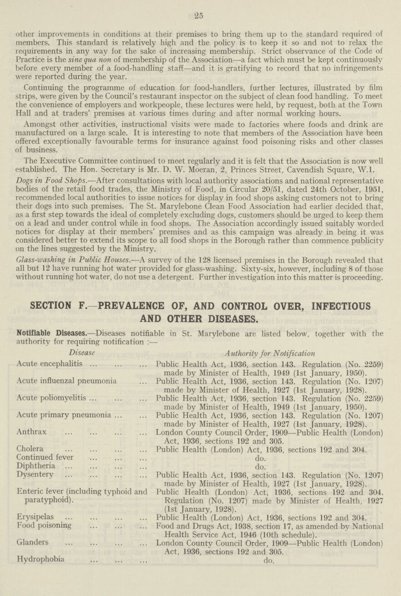 25 other improvements in conditions at their premises to bring them up to the standard required of members. This standard is relatively high and the policy is to keep it so and not to relax the requirements in any way for the sake of increasing membership. Strict observance of the Code of Practice is the sine qua non of membership of the Association—a fact which must be kept continuously before every member of a food-handling staff—and it is gratifying to record that no infringements were reported during the year. Continuing the programme of education for food-handlers, further lectures, illustrated by film strips, were given by the Council's restaurant inspector on the subject of clean food handling. To meet the convenience of employers and workpeople, these lectures were held, by request, both at the Town Hall and at traders' premises at various times during and after normal working hours. Amongst other activities, instructional visits were made to factories where foods and drink are manufactured on a large scale. It is interesting to note that members of the Association have been offered exceptionally favourable terms for insurance against food poisoning risks and other classes of business. The Executive Committee continued to meet regularly and it is felt that the Association is now well established. The Hon. Secretary is Mr. D. W. Moeran, 2, Princes Street, Cavendish Square, W.l. Dogs in Food Shops.—After consultations with local authority associations and national representative bodies of the retail food trades, the Ministry of Food, in Circular 20/51, dated 24th October, 1951, recommended local authorities to issue notices for display in food shops asking customers not to bring their dogs into such premises. The St. Marylebone Clean Food Association had earlier decided that, as a first step towards the ideal of completely excluding dogs, customers should be urged to keep them on a lead and under control while in food shops. The Association accordingly issued suitably worded notices for display at their members' premises and as this campaign was already in being it was considered better to extend its scope to all food shops in the Borough rather than commence publicity on the lines suggested by the Ministry. Glass-washing in Public Houses.—A survey of the 128 licensed premises in the Borough revealed that all but 12 have running hot water provided for glass-washing. Sixty-six, however, including 8 of those without running hot water, do not use a detergent. Further investigation into this matter is proceeding. SECTION F. PREVALENCE OF, AND CONTROL OVER, INFECTIOUS AND OTHER DISEASES. Notifiable Diseases.—Diseases notifiable in St. Marylebone are listed below, together with the authority for requiring notification:— Disease Acute encephalitis Acute influenzal pneumonia Acute poliomyelitis Acute primary pneumonia Anthrax Cholera Continued fever Diphtheria Dysentery Enteric fever (including typhoid and paratyphoid). Erysipelas Food poisoning Glanders Hydrophobia Authority for Notification Public Health Act, 1936, section 143. Regulation (No. 2259) made by Minister of Health, 1949 (1st January, 1950). Public Health Act, 1936, section 143. Regulation (No. 1207) made by Minister of Health, 1927 (1st January, 1928). Public Health Act, 1936, section 143. Regulation (No. 2259) made by Minister of Health, 1949 (1st January, 1950). Public Health Act, 1936, section 143. Regulation (No. 1207) made by Minister of Health, 1927 (1st January, 1928). London County Council Order, 1909—Public Health (London) Act, 1936, sections 192 and 305. Public Health (London) Act, 1936, sections 192 and 304. do. do. Public Health Act, 1936, section 143. Regulation (No. 1207) made by Minister of Health, 1927 (1st January, 1928). Public Health (London) Act, 1936, sections 192 and 304. Regulation (No. 1207) made by Minister of Health, 1927 (1st January, 1928). Public Health (London) Act, 1936, sections 192 and 304. Food and Drugs Act, 1938, section 17, as amended by National Health Service Act, 1946 (10th schedule). London County Council Order, 1909—Public Health (London) Act, 1936, sections 192 and 305. do,