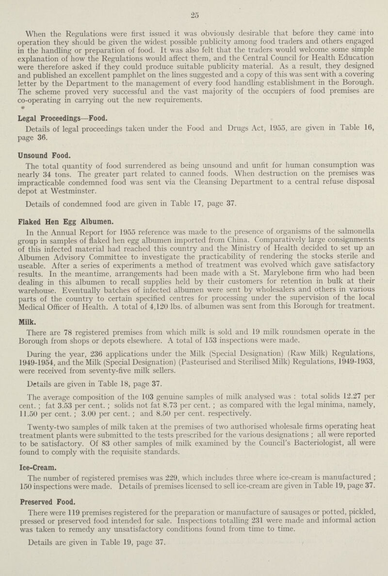 25 When the Regulations were first issued it was obviously desirable that before they came into operation they should be given the widest possible publicity among food traders and others engaged in the handling or preparation of food. It was also felt that the traders would welcome some simple explanation of how the Regulations would affect them, and the Central Council for Health Education were therefore asked if they could produce suitable publicity material. As a result, they designed and published an excellent pamphlet on the lines suggested and a copy of this was sent with a covering letter by the Department to the management of every food handling establishment in the Borough. The scheme proved very successful and the vast majority of the occupiers of food premises are co-operating in carrying out the new requirements. Legal Proceedings—Food. Details of legal proceedings taken under the Food and Drugs Act, 1955, are given in Table 16, page 36. Unsound Food. The total quantity of food surrendered as being unsound and unfit for human consumption was nearly 34 tons. The greater part related to canned foods. When destruction on the premises was impracticable condemned food was sent via the Cleansing Department to a central refuse disposal depot at Westminster. Details of condemned food are given in Table 17, page 37. Flaked Hen Egg Albumen. In the Annual Report for 1955 reference was made to the presence of organisms of the salmonella group in samples of flaked hen egg albumen imported from China. Comparatively large consignments of this infected material had reached this country and the Ministry of Health decided to set up an Albumen Advisory Committee to investigate the practicability of rendering the stocks sterile and useable. After a series of experiments a method of treatment was evolved which gave satisfactory results. In the meantime, arrangements had been made with a St. Marylebone firm who had been dealing in this albumen to recall supplies held by their customers for retention in bulk at their warehouse. Eventually batches of infected albumen were sent by wholesalers and others in various parts of the country to certain specified centres for processing under the supervision of the local Medical Officer of Health. A total of 4,120 lbs. of albumen was sent from this Borough for treatment. Milk. There are 78 registered premises from which milk is sold and 19 milk roundsmen operate in the Borough from shops or depots elsewhere. A total of 153 inspections were made. During the year, 236 applications under the Milk (Special Designation) (Raw Milk) Regulations, 1949-1954, and the Milk (Special Designation) (Pasteurised and Sterilised Milk) Regulations, 1949-1953, were received from seventy-five milk sellers. Details are given in Table 18, page 37. The average composition of the 103 genuine samples of milk analysed was : total solids 12.27 per cent.; fat 3.53 per cent.; solids not fat 8.73 per cent.; as compared with the legal minima, namely, 11.50 per cent.; 3.00 per cent.; and 8.50 per cent. respectively. Twenty-two samples of milk taken at the premises of two authorised wholesale firms operating heat treatment plants were submitted to the tests prescribed for the various designations ; all were reported to be satisfactory. Of 83 other samples of milk examined by the Council's Bacteriologist, all were found to comply with the requisite standards. Ice-Cream. The number of registered premises was 229, which includes three where ice-cream is manufactured ; 150 inspections were made. Details of premises licensed to sell ice-cream are given in Table 19, page 37. Preserved Food. There were 119 premises registered for the preparation or manufacture of sausages or potted, pickled, pressed or preserved food intended for sale. Inspections totalling 231 were made and informal action was taken to remedy any unsatisfactory conditions found from time to time. Details are given in Table 19, page 37.