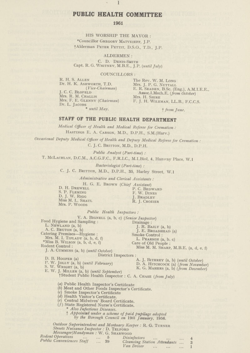 1 PUBLIC HEALTH COMMITTEE 1961 HIS WORSHIP THE MAYOR : *Councillor Gregory Matveieff, J.P. † Alderman Peter Pettit, D.S.O., T.D., J.P. ALDERMEN: C. D. Denis-Smith Capt. R. G. Whitney, M.B.E., J.P. (until July) COUNCILLORS : R.H.S. Allen The Rev. W.M. Long Dr. H.K. Ashworth, T.D. Mrs. J.P.G. Nuttall (Vice-Chairman) E.R. Seaden, B.Sc. (Eng.), A.M.I.E.E., J.C.C. Blofeld Assoc.I.Mech.E. (from October) Mrs. R.M. Challis Mrs. H. Shire Mrs. F.E. Glenny (Chairman) E.J.H. Wileman, LL.B., F.C.C.S. Dr. L. Jacobs * until May. f from June. STAFF OF THE PUBLIC HEALTH DEPARTMENT Medical Officer of Health and Medical Referee for Cremation : Hastings E. A. Carson, M.D., D.P.H., S.M.(Harv.) Occasional Deputy Medical Officer of Health and Deputy Medical Referee for Cremation : C. J. C. Britton, M.D., D.P.H. Public Analyst (Part-time): T. McLachlan, D.C.M., A.C.G.F.C., E.R.I.C., M.I.Biol, 4, Hanway Place, W.l Bacteriologist (Part-time): C. J. C. Britton, M.D., D.P.H., 35, Harley Street, W.l Administrative and Clerical Assistants: H.G.E. Brown (Chief Assistant) D.H. Drewell P.C. Bedward S.P. Fleming F.W. Dines D.J. W. Rigg J. Bradley Miss M.L. Shaul R.J. Crozier Mrs. P. Woods Public Health Inspectors : V. A. Bignell (a, b, c) (Senior Inspector) Food Hygiene and Sampling : Drainage : L. Newland (a, b) J. R. Baily (a, b) A.C. Bruton (a, b) J. E. Broadhead (a) Catering Premises—Hygiene : Smoke Control : Mrs. M.I. Tiplady (a, b, d, f) L. Pearson (a, b, c) *Miss B. Wilson (a, b, d, e, f) Care of Old People : Rodent Control : Miss M. M. Sharp, M.B.E. (a, d, e, f) J.A. Cummins (a, b) (until October) District Inspectors : D.B. Hooper (a) A.J. Bithrey (a, b) (until October) P. W. Jolly (a, b) (until February) D. A. Hitchcock (a) (from November) S. W. Wright (a, b) K. G. Mahers (a, b) (from December) E. W. J. Miller (a, b) (until September) fStudent Public Health Inspector : C. A. Chase (from July) (a) Public Health Inspector's Certificate (b) Meat and Other Foods Inspector's Certificate. (c) Smoke Inspector's Certificate (d) Health Visitor's Certificate. (e) Central Midwives' Board Certificate. (f) State Registered Nurse's Certificate. * Also Infectious Diseases. f Appointed under a scheme of paid pupilage adopted by the Borough Council on 19th January, 1956. Outdoor Superintendent and Mortuary Keeper : R. G. Turner Streets Nuisance Inspector: D. Telford Messenger/Handyman: W.G. Sharwood Rodent Operatives 5 Disinfectors 4 Public Conveniences Staff 39 Cleansing Station Attendants 3 Van Driver 1