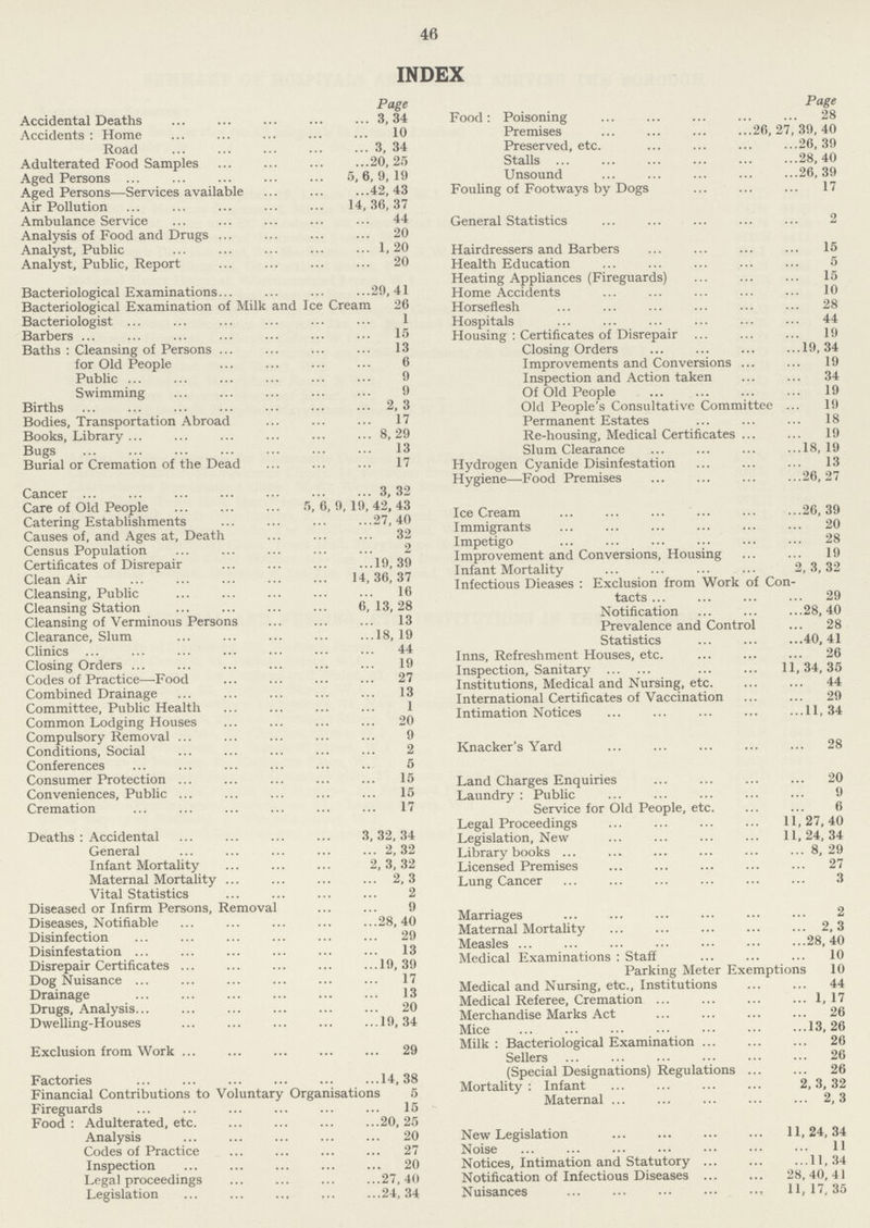 46 INDEX Page Accidental Deaths 3,34 Accidents : Home 10 Road 3, 34 Adulterated Food Samples 20, 25 Aged Persons 5,6,9,19 Aged Persons—-Services available 42,43 Air Pollution 14,36,37 Ambulance Service 44 Analysis of Food and Drugs 20 Analyst, Public 1,20 Analyst, Public, Report 20 Bacteriological Examinations 29,41 Bacteriological Examination of Milk and Ice Cream 26 Bacteriologist 1 Barbers 15 Baths : Cleansing of Persons 13 for Old People 6 Public 9 Swimming 9 Births 2, 3 Bodies, Transportation Abroad 17 Books, Library 8, 29 Bugs 13 Burial or Cremation of the Dead 17 Cancer 3, 32 Care of Old People 6, 6, 9, 19, 42, 43 Catering Establishments 27,40 Causes of, and Ages at, Death 32 Census Population 2 Certificates of Disrepair 19,39 Clean Air 14,36, 37 Cleansing, Public 16 Cleansing Station 6, 13,28 Cleansing of Verminous Persons 13 Clearance, Slum 18, 19 Clinics 44 Closing Orders 19 Codes of Practice—Food 27 Combined Drainage 13 Committee, Public Health 1 Common Lodging Houses 20 Compulsory Removal 9 Conditions, Social 2 Conferences 5 Consumer Protection 15 Conveniences, Public 15 Cremation 17 Deaths : Accidental 3, 32, 34 General 2,32 Infant Mortality 2,3,32 Maternal Mortality 2,3 Vital Statistics 2 Diseased or Infirm Persons, Removal 9 Diseases, Notifiable 28,40 Disinfection 29 Disinfestation 13 Disrepair Certificates 19, 39 Dog Nuisance 17 Drainage 13 Drugs, Analysis 20 Dwelling-Houses19,34 Exclusion from Work 29 Factories 14,38 Financial Contributions to Voluntary Organisations 5 Fireguards 15 Food : Adulterated, etc 20, 25 Analysis 20 Codes of Practice 27 Inspection 20 Legal proceedings 27,40 Legislation 24,34 Page Food: Poisoning 28 Premises 26,27,39,40 Preserved, etc. 26,39 Stalls28, 40 Unsound 26,39 Fouling of Footways by Dogs 17 General Statistics 2 Hairdressers and Barbers 15 Health Education 5 Heating Appliances (Fireguards) 15 Home Accidents 10 Horseflesh 28 Hospitals 44 Housing: Certificates of Disrepair 19 Closing Orders 19,34 Improvements and Conversions 19 Inspection and Action taken 34 Of Old People 19 Old People's Consultative Committee 19 Permanent Estates 18 Re-housing, Medical Certificates 19 Slum Clearance 18, 19 Hydrogen Cyanide Disinfestation 13 Hygiene—-Food Premises 26,27 IceCream 26,39 Immigrants 20 Impetigo 28 Improvement and Conversions, Housing 19 Infant Mortality 2,3,32 Infectious Dieases : Exclusion from Work of Con tacts 29 Notification 28,40 Prevalence and Control 28 Statistics 40,41 Inns, Refreshment Houses, etc. 26 Inspection, Sanitary 11,34,35 Institutions, Medical and Nursing, etc 44 International Certificates of Vaccination 29 Intimation Notices 11, 34 Knacker's Yard 28 Land Charges Enquiries 20 Laundry : Public 9 Service for Old People, etc.6 Legal Proceedings 11,27,40 Legislation, New 11,24,34 Library books 8,29 Licensed Premises 27 Lung Cancer 3 Marriages 2 Maternal Mortality 2, 3 Measles 28,40 Medical Examinations : Staff 10 Parking Meter Exemptions 10 Medical and Nursing, etc., Institutions 44 Medical Referee, Cremation 1,17 Merchandise Marks Act 26 Mice 13,26 Milk : Bacteriological Examination 26 Sellers 26 (Special Designations) Regulations 26 Mortality : Infant 2,3, 32 Maternal 2,3 New Legislation 11,24,34 Noise 11 Notices, Intimation and Statutory 11,34 Notification of Infectious Diseases 28,40,41 Nuisances 11,17,35