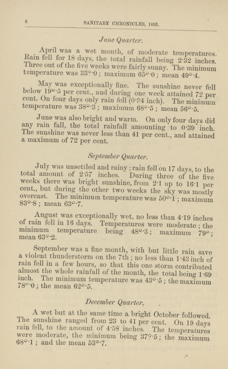 8 SANITARY CHRONICLES, 1895. June Quarter. April was a wet month, of moderate temperatures. Rain fell for 18 days, the total rainfall being 2.32 inches. Three out of the five weeks were fairly sunny. The minimum temperature was 33o.0; maximum 65o.0; mean 49°.4. May was exceptionally fine. The sunshine never fell below 19°.5 per cent., and during one week attained 72 per cent. On four days only rain fell (0.34 inch). The minimum temperature was 38°.3; maximum 68°.5; mean 56°.5. June was also bright and warm. On only four days did any rain fall, the total rainfall amounting to 0-39 inch. The sunshine was never less than 41 per cent., and attained a maximum of 72 per cent. September Quarter. July was unsettled and rainy; rain fell on 17 days, to the total amount of 2.57 inches. During three of the five weeks there was bright sunshine, from 2.1 up to 16.1 per cent., but during the other two weeks the sky was mostly overcast. The minimum temperature was 50o.l; maximum 83°.8; mean 63°.7. August was exceptionally wet, no less than 4.19 inches of rain fell in 16 days. Temperatures Avere moderate; the minimum temperature being 48°.3; maximum 79°; mean 63º.2. September was a fine month, with but little rain save a violent thunderstorm on the 7th; no less than 1.43 inch of rain fell in a few hours, so that this one storm contributed almost the whole rainfall of the month, the total being 1.69 inch. The minimum temperature was 43°.5; the maximum 78o.0; the mean 62°.5. December Quarter. A wet but at the same time a bright October followed. The sunshine ranged from 23 to 41 per cent. On 19 days rain fell, to the amount of 4.58 inches. The temperatures were moderate, the minimum being 378.5; the maximum 68°.1; and the mean 53°.7.