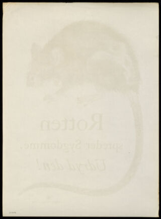 A diseased rat with scabs and blood, and a long tail; campaign against rats in Denmark. Colour lithograph, 194-(?).