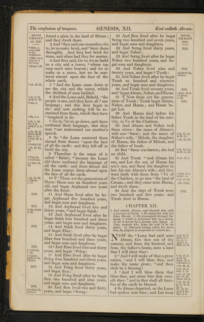 BEFORE CHRIST cir. 2247. 2 Heb. a man said to his neighbour, 3 Heb. burn them to a burning. *Deut. 1.28. b eh. 18. 21. « ch. 9.19. Acts 17. 26. d ver. 1. e Pg. 2.1. <■ ch. 1. 26. Ps. 2. 4. Acts 2. 4, 5, 6. s ch. 42. 23. Deut. 28.49. Jer. 5.15. 1 Cor. 14. 2, 11. b Luke 1.51. > eh. 10. 25, 32. 4 That is, Confusion. k 1 Cor. 14. 23. l ch. 10. 22. 1 Chron. 1.17. 2346. 2311. » See Luke 36. 2281. 2247. n 1 Chron. 1.19. o Called, Luke 3. 35, Phalec. 2217. 2185. IP Luke 3.35, Baruch. found a plain in the land of Shinar; and they dwelt there. 3 And2 they said one to another, Go to, let us make brick, and3 burn them throughly. And they had brick for stone, and slime had they for morter. 4 And they said, Go to, let us build us a city and a tower, a whose top may reach unto heaven; and let us make us a name, lest we be scat¬ tered abroad upon the face of the whole earth. 5 b And the Lord came down to see the city and the tower, which the children of men budded. 6 And the Lord said, Behold, c the people is one, and they have all d one language; and this they begin to do: and now nothing will be re¬ strained from them, which they have e imagined to do. 7 Go to,f let us go down, and there confound their language, that they may ¬ understand one another’s speech. 8 So 11 the Lord scattered them abroad from thence 1 upon the face of all the earth: and they left off to build the city. 9 Therefore is the name of it called 4 Babel; k because the Lord did there confound the language of all the earth: and from thence did the Lord scatter them abroad upon the face of all the earth. 10 dl1 These are the generations of Shem: Shem was an hundred years old, and begat Arphaxad two years after the flood: 11 And Shem lived after he be¬ gat Arphaxad five hundred years, and begat sons and daughters. 12 And Arphaxad lived five and thirty years, ra and begat Salah: 13 And Arphaxad lived after he begat Salah four hundred and three years, and begat sons and daughters. 14 And Salah lived thirty years, and begat Eber: 15 And Salah lived after he begat Eber four hundred and three years, and begat sons and daughters. 16 n And Eber lived four and thirty years, and begat 0 Peleg: 17 And Eber lived after he begat Peleg four hundred and thirty years, and begat sons and daughters. 18 And Peleg lived thirty years, and begat Reu: 19 And Peleg lived after he begat Reu two hundred and nine years, and begat sons and daughters. 20 And Reu lived two and thirty years, and begat p Serug: 21 And Reu lived after he begat Serug two hundred and seven years, and begat sons and daughters. 22 And Serug lived thirty years, and begat Nahor: 23 And Serug lived after he begat Nahor two hundred years, and be¬ gat sons and daughters. 24 And Nahor lived nine and twenty years, and begat ^ Terah: 25 And Nahor lived after he begat Terah an hundred and nineteen years, and begat sons and daughters. 26 And Terah lived seventy years, and rbegat Abram, Nahor, and Haran. 27 SI Now these are the genera¬ tions of Terah: Terah begat Abram, Nahor, and Haran; and Haran be¬ gat Lot. 28 And Haran died before his father Terah in the land of his nati¬ vity, in Ur of the Chaldees. 29 And Abram and Nahor took them wives : the name of Abram’s wife was s Sarai; and the name of Nahor’s wife, t Milcah, the daughter of Haran, the father of Milcah, and the father of Iscah. 30 But u Sarai was barren; she had no child. 31 And Terah w took Abram his son, and Lot the son of Haran his son’s son, and Sarai his daughter in law, his son Abram’s wife ; and they went forth with them from x Ur of the Chaldees, to go into 7 the land of Canaan; and they came mito Haran, and dwelt there. 32 And the days of Terah were two hundred and five years: and Terah died in Haran. CHAPTER XII. 1 God calleth Abram, and blesseth him with a ■promise of Christ. 4 He departeth with Lot from Haran. 6 He journeyeth through Ca¬ naan, 7 which is promised him in a vision. 10 He is driven by a famine into Egypt. 11 Fear maketh him feign his wife to be his sister. 14 Pharaoh, having taken her from him, by plagues is compelled to restore her. NOW the a Lord had said unto Abram, Get thee out of thy country, and from thy kindred, and from thy father’s house, unto a land that I will shew thee: 2 b And I will make of thee a great nation, c and I will bless thee, and make thy name great; d and thou shalt be a blessing: 3 e And I will bless them that bless thee, and curse him that curs- eth thee: f and in thee shall all fami¬ lies of the earth be blessed. 4 So Abram departed, as the Lord had spoken unto him; and Lot went BEFOKE CHRIST 2185. 2155. 2126. q Luke 3.34, Thara. 2056. r Josh. 24.2. 1 Chron. 1. 26. 1996. s ch. 17.15. & 20.12. t ch. 22. 20. n ch. 16.1,2. &. 18.11,12. w ch. 12.1. x Neh. 9.7. Acts 7. 4. y ch. 10.19. cir. 1923. 1921. ach. 15. 7. Neh. 9. 7. ls. 41. 2. Acts 7. 3. Heb. 11. 8. b ch. 17. 6. & 18.18. Deut. 26.5. 1 Kings 3.8. c ch. 24. 35. a ch. 28. 4. Gal. 3.14. e ch. 27. 29. Ex. 23. 22. Num. 24. 9. f ch. 18.18. & 22.18. & 26. 4. Ps. 72.17. Acts 3. 25.