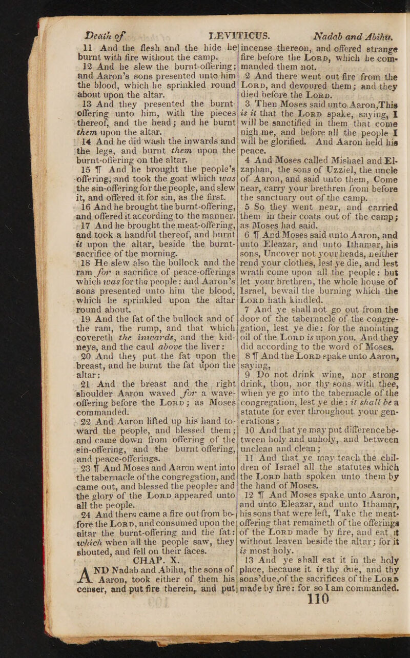 Death of LEVITICUS. Nadab and Ahihu. 11 And the flesh and the hide he burnt with fire without the camp. 12 And he slew the burnt-offering; and Aaron’s sons presented unto him the blood, which lie sprinkled round about upon the altar. 13 And they presented the burnt- offering unto him, with the pieces thereof and the head; and he burnt them upon the altar. 14 And he did wash the inwards and the legs, and burnt them upon the burnt-offering on the altar. 15 IT And he brought the people’s offering, and took the goat which was the sin-offering for the people, and slew it, and offered it for sin, as the first. 16 And he brought the burnt-offering, and offered it according to the manner. 17 And he brought the meat-offering, and took a handful thereof, and burnt it upon the altar, beside the burnt- sacrifice of the morning. 18 He slew also the bullock and the ram for a sacrifice of peace-offerings which was for the people: and Aaron’s sons presented unto him the blood, which he sprinkled upon the altar round about. 19 And the fat of the bullock and of the ram, the rump, and that which covereth the inwards, and the kid¬ neys, and the caul above the liver: 20 And they put the fat upon the breast, and he burnt the fat upon the altar: 21 And the breast and the right shoulder Aaron waved for a wave- offering before the Loud ; as Moses commanded. 22 And Aaron lifted up his hand to¬ ward the people, and blessed them; and came down from offering of the sin-offering, and the burnt offering, and peace-offerings. 23 IT And Moses and Aaron went into the tabernacle ofthe congregation, and came out, and blessed the people: and the glory of the Loud appeared unto all the people. 24 And there came a fire out from be¬ fore the Lord, and consumed upon the altar the burnt-offering and the fat: which when all the people saw, they shouted, and fell on their faces. CHAP. X. ND Nadab and Ahihu, the sons of Aaron, took either of them his censor, and put fire therein, and put incense thereon, and offered strange fire before the Lord, which he com¬ manded them not. 2 And there went out fire from the Lord, and devoured them; and they died before the Lord. 3 Then Moses said unto Aaron,This is it that the Lord spake, saying, I will be sanctified in them that come nigh me, and before all the people I will be glorified. And Aaron held his peace. 4 And Moses called Mishael and El- zapban, the sons of Uzziel, the uncle of Aaron, and said unto them, Come near, carry your brethren from before the sanctuary- out of the camp. 5 So they' went near, and carried them in their coats out of the camp; as Moses had said. 6 IT And Moses said unto Aaron, and unto Eleazar, and unto Ithamar, his sons, Uncover not your heads, neither rend your clothes, lest ye die, and lest wrath come upon all the people: but let your brethren, the whole house of Israel, bewail the burning which the Lord hath kindled. 7 And ye shall not go out from the door of the tabernacle of the congre¬ gation, lest ye die: for the anointing oil of the Lord is upon you. And they did according to the word of Moses. 8 IT And the Lord spake unto Aaron, saying, 9 Do not drink win®, nor strong drink, thou, nor thy sons with thee, when yre go into the tabernacle of the congregation, lest ye die : it shall be a statute for ever throughout your gen¬ erations ; 10 And that ye may put differencebe- tween holy and unholy, and between unclean and clean; 11 And that ye may teach the chil¬ dren of Israel all the statutes which the Lord hath spoken unto them by the hand of Moses. 12 IT And Moses spake unto Aaron, and unto Eleazar, and unto Ithamar, his sons that were left, Take the meat¬ offering that remainetli of the offerings of the Lord made by fire, and eat it without leaven beside the altar; for it is most holy. 13 And ye shall eat it in the holy place, because it is thy due, and thy sons’due.of the sacrifices of the Lobb made by fire: for so lam commanded. no