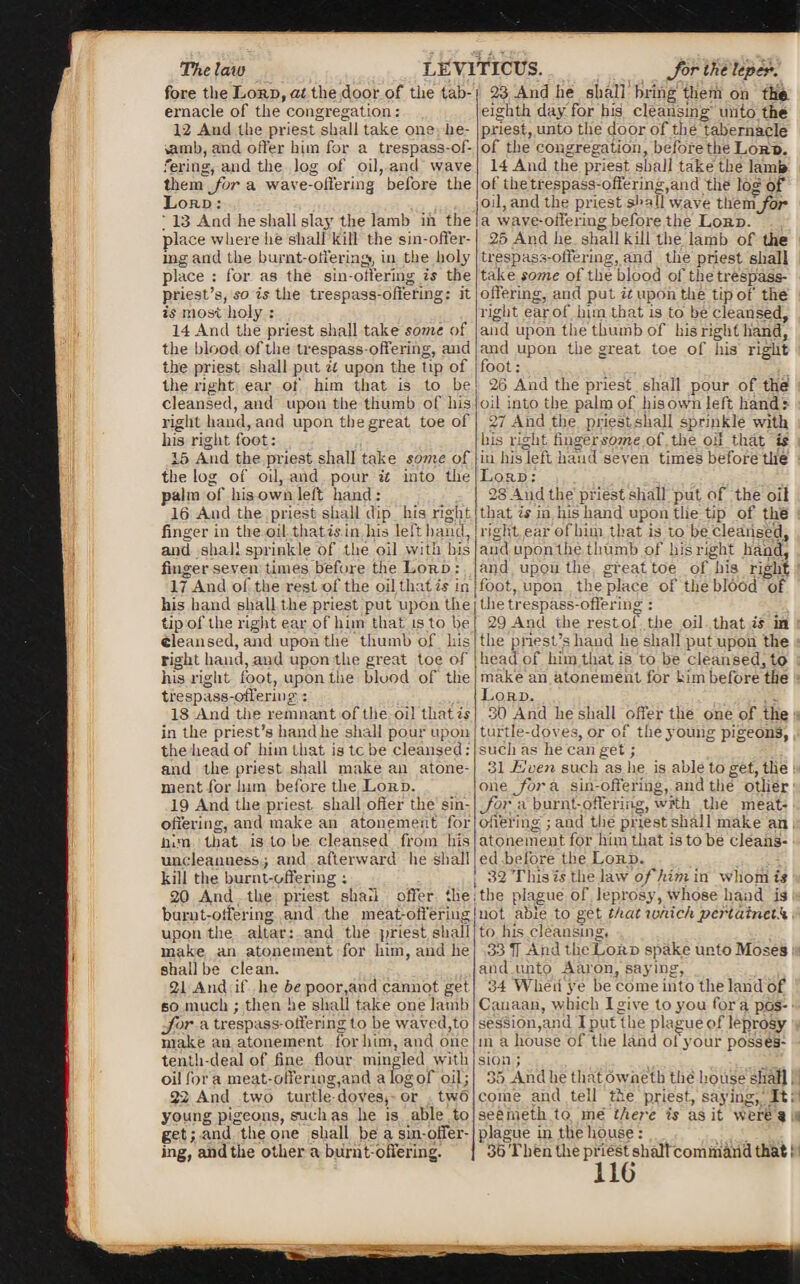 The law LEVITICUS. for the leper. fore the Loud, at the door of the tab¬ ernacle of the congregation: 1-2 And the priest shall take one he- >amb, and offer him for a trespass-of¬ fering, and the log of oil, and wave them for a wave-offering before the Lord : ; 13 And he shall shy’ the lamb in the place where lie shall kill the sin-offer- mgand the burnt-offering, in the holy place : for as the sin-offering is the priest’s, so is the trespass-offering: it is most holy : 14 And the priest shall take some of the blood of the trespass-offering, and the priest shall put it upon the lip of the right ear of him that 13 to be cleansed, and upon the thumb of his right hand, and upon the great toe of his right foot: 15 And the priest shall take some of the log of oil, and pour it into the palm of his own left hand : 16 And the priest shall dip his right finger in the oil that is in his left hand, and shall sprinkle of the oil with his finger seven times before the Lord : 17 And of the rest of the oil that is in his hand shall the priest put upon the tip of the right ear of him that is to be cleansed, and upon the thumb of his right hand, and upon the great toe of his right foot, upon the blood of the trespass-offering;: 18 And the remnant of the oil that is in the priest’s hand he shall pour upon the head of him that is tc be cleansed: and the priest shall make an atone¬ ment for lnm before the Lord. 19 And the priest shall oiler the sin- offering, and make an atonement for liim that is to be cleansed from his uncleanness ; and afterward he shall kill the burnt-offering ; 20 And the priest shall offer the burnt-offering and the meat-offering upon the altar: and the priest shall make an atonement for him, and he shall be clean. 21 And if he be poor,and cannot, get so much ; then he shall take one lamb for a trespass-offering to be waved,to make an atonement for him, and one tenth-deal of fine flour mingled with oil for a meat-offering,and a logof oil; 22 And two turtle dovest or two young pigeons, such as he is able to get; and the one shall be a sin-offer¬ ing, and the other a burnt offering. 23 And he shall bring them oh the. eighth day for his cleansing unto the priest, unto the door of trie tabernacle of the congregation, before the Lord. 14 And the priest shall take the lamb of the trespass-offering,and the log of oil, and the priest ska 11 wave them'ybr a wave-offering before the Lord. 25 And he shall kill the lamb of the trespass-offering, and the priest shall take some of the blood of the trespass- offering, and put it upon the tip of the right ear of him that is to be cleansed, and upon tiie thumb of bis right hand, and upon the great toe of his right foot : 26 And the priest shall pour of the oil into the palm of his own left hand: 27 And tiie pi;iestshall sprinkle with his right finger^ome of the oil that is in his left baud seven times before the Lord : 2S And the priest shall put of the oil that is in his hand upon tiie tip of the right ear of him that is to be cleansed, and upon the thumb of his right hand, and upon the great toe of ins right foot, upon the place of the blood of the trespass-offering: 29 And the restof the oil that is in the priest’s hand he shall put upon the head of him that is to be cleansed, to make an atonement for him before tiie Lord. •30 And he shall offer the one of the turtle-doves, or of the young pigeons, such as he can get ; 31 Even such as he is able to get, the one for a. sin-offering, and the other for a burnt-offering, with the meat- offering ; and the priest shall make an atonemen t for him that is to be cleans¬ ed before the Lord. 32 This is the la w of him in whom is the plague of leprosy, whose hand is not able to get that whichpcrtainet.k to his cleansing, 33 IT And the Lord spake unto Moses and uiito Aaron, saying, 34 Wheiiye be come into the land of Canaan, which Igive to you fora pos¬ session,and I put the plague of leprosy in a house of the land ot your posses¬ sion ; 35 And he that owhetb the house shall come and tell the priest, saying, It: seemeth to me there is as it were « plague in the house: 36 Then the priest shall command that: 110