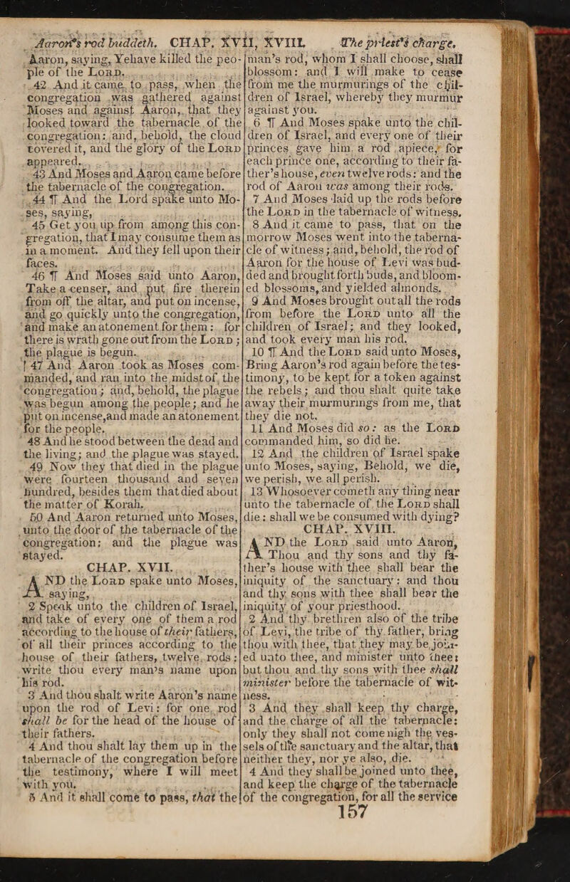 Aarorfs rod Imddeth, Aaron, saying, Yehave killed the peo¬ ple of the Lord. 42 And it came. to pass, when the congregation was gathered against Moses and against Aaron, that they looked toward the tabernacle of the congregation: and, behold, the cloud covered it, and the glory of the Lord appeared. , 43 And Moses and Aaron came before the tabernacle of the congregation. 44 If And the Lord spake unto Mo¬ ses, saying, 45 Get you up from among this con¬ gregation, that I may consume them as in a moment. And they tell upon their faces. 46 IT And Moses said unto Aaron, Take a censer, and put fire therein from oif the altar, and put on incense, and go quickly untp the congregation, and make an atonement for them: for there is wrath gone out from the Lord ; the plague is begun. f 47 And Aaron took as Moses com¬ manded, and ran. into the midst of, the congregation; pud, behold, the plague was begun among the people; and he put on incense,and made an atonement for the people. 48 And he stood between the dead and the living; and the plague was stayed. 49. Now they that died in the plague ■were fourteen .thousand and seven hundred, besides them that died about the matter of Korah, 5.0 And Aaron returned unto Mdses, unto the door of the tabernacle of the congregation: and the plague was Btayed. CHAP. XVII. AND the Lord spake unto Moses, saying, 2 Speak unto the children of Israel, and take of every one of them a rod according to the house of their fathers, of all their princes according to the house, of their fathers, twelve, rods: write thou every man’s name upon liis rod. 3 And thou shalt write Aaron’s name upon the rod of Levi: for one rod shall be for the head of the house of their fathers. 4 And thou shalt lay them up in the tabernacle of the congregation before the testimony, where I will meet with you. 5 And it shall come to pass, that the The priest's charge, man’s rod, whom I shall choose, shall blossom: and I will make to cease from me the inurmurings of the chil¬ dren of Israel, whereby they murmur against you. 6 If And Moses spake unto the chil¬ dren of Israel, and everyone of their princes gave him. a rod apiece,- for each prince one, according to their fa¬ ther’s house, even twelve rods: and the rod of Aaron was among their rods. 7 And Moses -laid up the rods before the Lord in the tabernacle of witness. 8 And it came to pass, that on the morrow Moses went into the taberna¬ cle of witness;.and, behold, the rod of Aaron for the house of Levi was bud¬ ded and brought forth buds, and bloom¬ ed blossoms, and yielded almonds. 9 And Moses brought outall the rods from before the Lord unto all the children of Israel; and they looked, and took every man his rod, 10 IT And the Lord said unto Moses, Bring Aaron’s rod again before the tes¬ timony, to be kept lor a token against the rebels; and thou shalt quite take away their,murmunngs from me, that they die not. 11 And Moses did so: as the Lord .commanded him, so did he. 12 And the children of Israel spake unto Moses, saying, Behold, we die, we perish, we all perish. 13 Whosoever cometli any thing near unto the tabernacle of the Lord shall die: shall we be consumed with dying? CHAP. XVIII. AND the Lord said unto Aaron, Tliqu and thy sons and thy fa¬ ther’s house with thee shall bear the iniquity of the sanctuary: and thou and thy sons with thee shall bear the iniquity of your priesthood. 2 And thy brethren also of the tribe of Levi, the tribe of thy father, bring tlipu with thee, that .they may be,join¬ ed unto thee, and minister unto thee s but thou and thy sons with thee shall minister before the tabernacle of wit¬ ness. 3 And they shall keep thy charge, and the charge of all the tabernacle: only they shall not come nigh the ves¬ sels of tl?e sanctuary and the altar, that neither they, nor ye also, die. 4 And they shall he joined unto thee, and keep the charge of the tabernacle of the congregation, for all the service CHAP, xvil, XVIIL