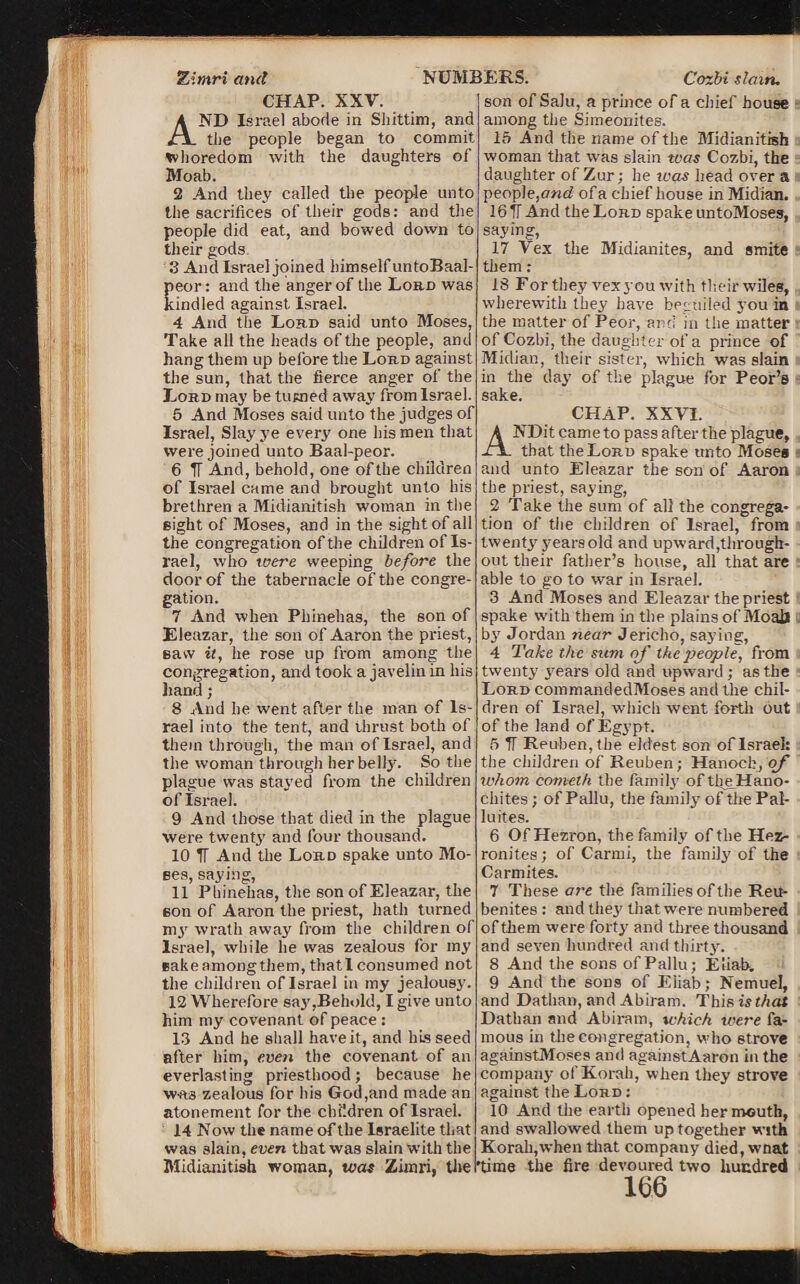 CHAP. XXV. AND Israel abode in Sliittim, and the people began to commit, whoredom with the daughters of Moab. 2 And they called the people unto the sacrifices of their gods: and the people did eat, and bowed down to their gods. 3 And Israel joined himself untoBaal- peor: and the anger of the Lord was kindled against. Israel. 4 And the Lord said unto Moses, Take all the heads of the people, and hang them up before the Lord against the sun, that the fierce anger of the Lord may be tuwied away from Israel. 5 And Moses said unto the judges of Israel, Slay ye every one his men that were joined unto Baal-peor. 6 IT And, behold, one of the children of Israel came and brought unto his brethren a Midianitish woman in the 6ight of Moses, and in the sight of all the congregation of the children of Is¬ rael, who were weeping before the door of the tabernacle of the congre¬ gation. 7 And when Phinehas, the son of Eleazar, the son of Aaron the priest, Baw it, he rose up from among the congregation, and took a javelin in his hand; 8 And he went after the man of Is¬ rael into the tent, and thrust both of them through, the man oflsrael, and the woman through her belly. So the plague was stayed from the children oflsrael. 9 And those that died in the plague were twenty and four thousand. 10 TT And the Lord spake unto Mo¬ tes, saying, 11 Phinehas, the son of Eleazar, the eon of Aaron the priest, hath turned my wrath away from the children of Israel, while he was zealous for my sakeamongthem, thatl consumed not the children oflsrael in my jealousy. 12 Wherefore say .Behold, I give unto him my covenant of peace : 13 And he shall have it, and his seed after him, even the covenant of an everlasting priesthood; because he w-as zealous for his God,and made an atonement for the children oflsrael. 14 Now the name of the Israelite that was 3lain,euen that was slain with the son of Salu, a prince of a chief house among the Simeonites. 15 And the name of the Midianitish woman that was slain teas Cozbi, the daughter of Zur; he was head over a people,and ofa chief house in Midian. 16 IT And the Lord spake untoMoses, saying, 17 Vex the Midianites, and smite them: 18 For they vexyou with their wiles, wherewith they have beguiled you in the matter of Peor, and in the matter of Cozbi, the daughter ofa prince of Midian, their sister, which was slain in the day of the plague for Peor’s sake. CHAP. XXVI. A NDit came to pass after the plague, xi that the Lord spake unto Moses and unto Eleazar the son of Aaron the priest, saying, 2 Take the sum of all the congrega¬ tion of the children of Israel, from twenty years old and upward,through¬ out their father’s house, all that are able to go to war in Israel. 3 And Moses and Eleazar the priest spake with them in the plains of Moall by Jordan near Jericho, saying, 4 Take the sum of the people, from twenty years old and upward; as the Lord commandedMoses and the chil¬ dren of Israel, which went forth out of the land of Egypt. ft IT Reuben, the eldest son oflsrael: the children of Reuben; Hanocb, of whom eotnelh the family oftljeHano- chites ; of Pallu, the family of the Pal- luites. 6 Of Hezron, the family of the Hez- ronites; of Carrni, the family of the Carmites. 7 These are the families of the Reu- benites : and they that were numbered of them were forty and three thousand and seven hundred and thirty. 8 And the sons of Pallu; Eliab. 9 And the sons of Eliab; Nemuel, and Dathan, and Abiram. Thisist/iat Dathan and Abiram, which were fa¬ mous in the congregation, who strove againstMoses and againstAaron in the company ol’Korah, when they strove against the Lord : 10 And the earth opened her mouth, and swallowed them up together with Korali,when that company died, wnat Midianitish woman, was Zirnri, the 'time the fire devoured two hundred