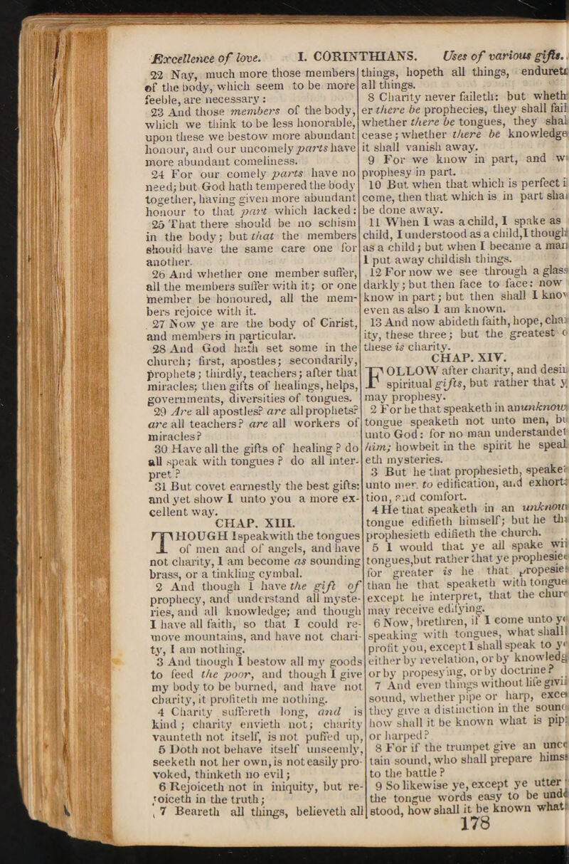 22 Nay, much more those members feeble, are necessary: which we think to be less honorable, upon these we bestow more abundant honour, and our uncomely parts have more abundant comeliness. 24 For our comely parts have no need; but God hath tempered the body together, having given more abundant honour to that part which lacked: in the body; but that the members should have the same care one for another. 26 And whether one member suffer, member be honoured, all the mem¬ bers rejoice with it. 27 ISow ye are the body of Christ, and members in particular. 28 And God hath set some in the church; first, apostles; secondarily, prophets; thirdly, teachers; after that miracles; then gifts of healings, helps, governments, diversities of tongues. 29 Are all apostles? are all prophets? are all teachers? are all workers of miracles? 30 Have all the gifts of healing ? do all speak with tongues ? do all inter¬ pret ? 31 But covet earnestly the best gifts: and yet show I unto you a more ex¬ cellent way. CHAP. XIH. HOUGH Ispeakwitli the tongues of men and of angels, and have not charity, 1 am become as sounding brass, or a tinkling cymbal. 2 And though 1 have the gift of prophecy, and understand all myste¬ ries, and all knowledge; and though I have all faith, so that I could re¬ move mountains, and have not chari¬ ty, I am nothing. 3 And though 1 bestow all my goods to feed the poor, and though I give my body to be burned, and have not charity, it profiteth me nothing. 4 Charity . suffereth long, and is kind; charity envieth not; charity vaunteth not itself, is not puffed up, 5 Doth not behave itself unseemly, seeketh not her own, is not easily pro¬ voked, thinketh no evil; 6 Rejoiceth not in iniquity', but re- yoiceth in the truth; , 7 Beareth all tilings, believeth all tilings, liopeth all tilings, enduretr 8 Chanty never failetli: but wheth¬ whether there be tongues, they shai cease; whether there be knowledge it shall vanish away. 9 For we know in part, and w prophesy in part. 10 But when that which is perfect L come, then that which is in part shai be done away. child, I understood as a child,I though as a child; but when I became a man 1 put away childish tilings. 12 For now we see through a glass know in part; but then shall I kno' even as also 1 am known. 13 And now abideth faith, hope, chan ity, these three; but the greatest o these is charity. OIXOW after charity, and desk spiritual gifts, but rather that y may prophesy'. 2 For lie that speaketh in aatenknom tongue speaketh not unto men, bi unto God : for no man understander him; howbeit in the spirit he speal etli mysteries. 3 But he that prophesietb, speaker unto mer to edification, and exhort; tion, pud comfort. 4 Fie that speaketh in an unknotn tongue edifieth himself; but lie tbi prophesietb edifieth the church. 5 1 would that ye ail spake wii tongues,but rather that ye prophesies for greater is he that ^ropesie: than he that speaketh with tongue except he interpret, that the churr may receive edifying. 6 Now, brethren, it I come unto y< speaking with tongues, what shall! profit you, except 1 shall speak to y>' either by revelation, or by knowledg or by propesy mg, or by doctrine? 7 And even tilings without lhe givn sound, whether pipe or harp, exca they give a distinction in the souin how shall it be known what is pip: or harped ? 8 For if the trumpet give an uncc tain sound, who shall prepare hims: to the battle ? 9 So likewise ye, except ye utter; the tongue words easy to be unde stood, how shall it be known what. 178