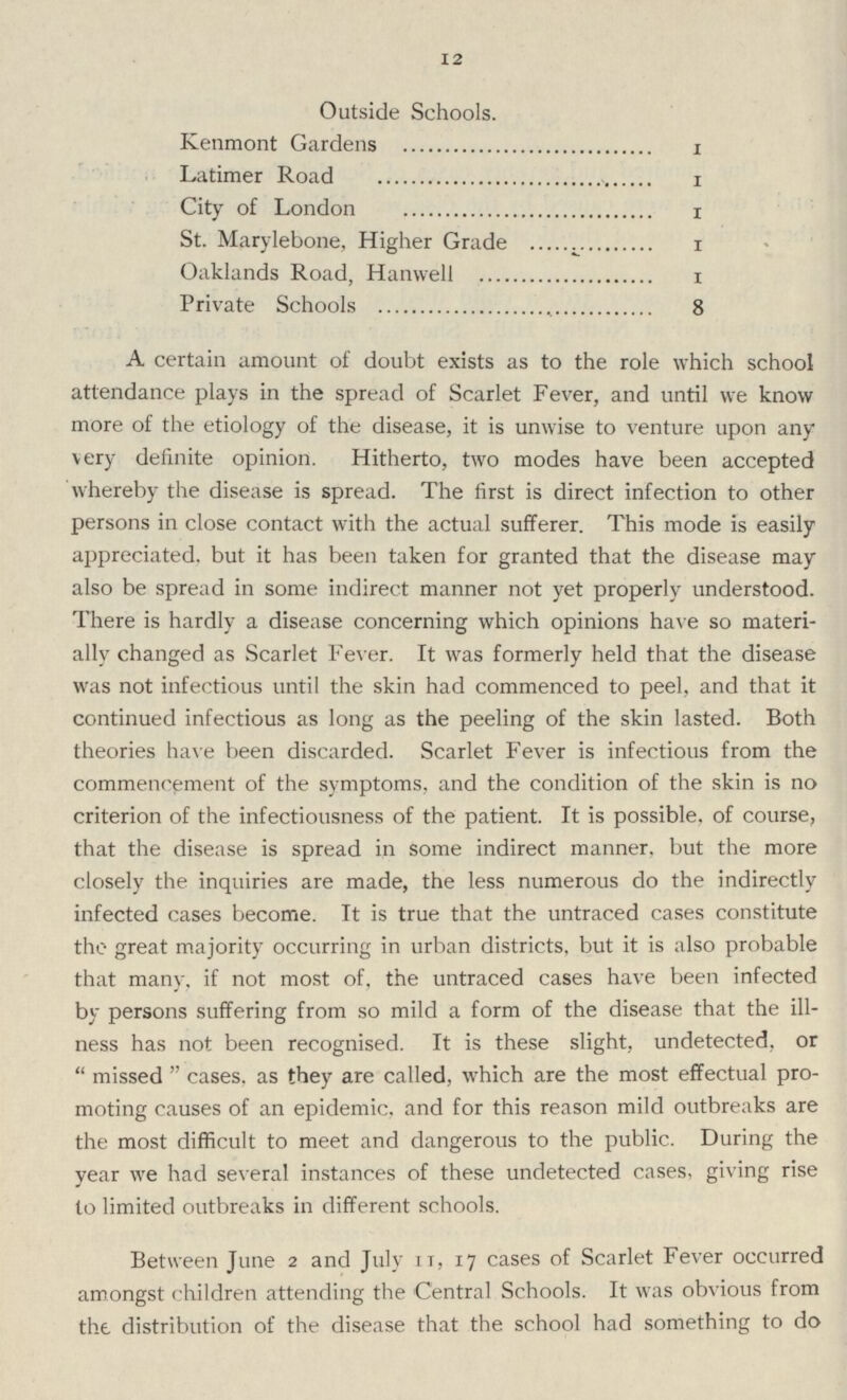 12 Outside Schools. Kenmont Gardens 1 Latimer Road 1 City of London 1 St. Marylebone, Higher Grade 1 Oaklands Road, Hanwell 1 Private Schools 8 A certain amount of doubt exists as to the role which school attendance plays in the spread of Scarlet Fever, and until we know more of the etiology of the disease, it is unwise to venture upon any very definite opinion. Hitherto, two modes have been accepted whereby the disease is spread. The first is direct infection to other persons in close contact with the actual sufferer. This mode is easily appreciated, but it has been taken for granted that the disease may also be spread in some indirect manner not yet properly understood. There is hardly a disease concerning which opinions have so materi ally changed as Scarlet Fever. It was formerly held that the disease was not infectious until the skin had commenced to peel, and that it continued infectious as long as the peeling of the skin lasted. Both theories have been discarded. Scarlet Fever is infectious from the commencement of the symptoms, and the condition of the skin is no criterion of the infectiousness of the patient. It is possible, of course, that the disease is spread in some indirect manner, but the more closely the inquiries are made, the less numerous do the indirectly infected cases become. It is true that the untraced cases constitute the great majority occurring in urban districts, but it is also probable that many, if not most of, the untraced cases have been infected by persons suffering from so mild a form of the disease that the ill ness has not been recognised. It is these slight, undetected, or missed cases, as they are called, which are the most effectual pro moting causes of an epidemic, and for this reason mild outbreaks are the most difficult to meet and dangerous to the public. During the year we had several instances of these undetected cases, giving rise to limited outbreaks in different schools. Between June 2 and July 11, 17 cases of Scarlet Fever occurred amongst children attending the Central Schools. It was obvious from the distribution of the disease that the school had something to do