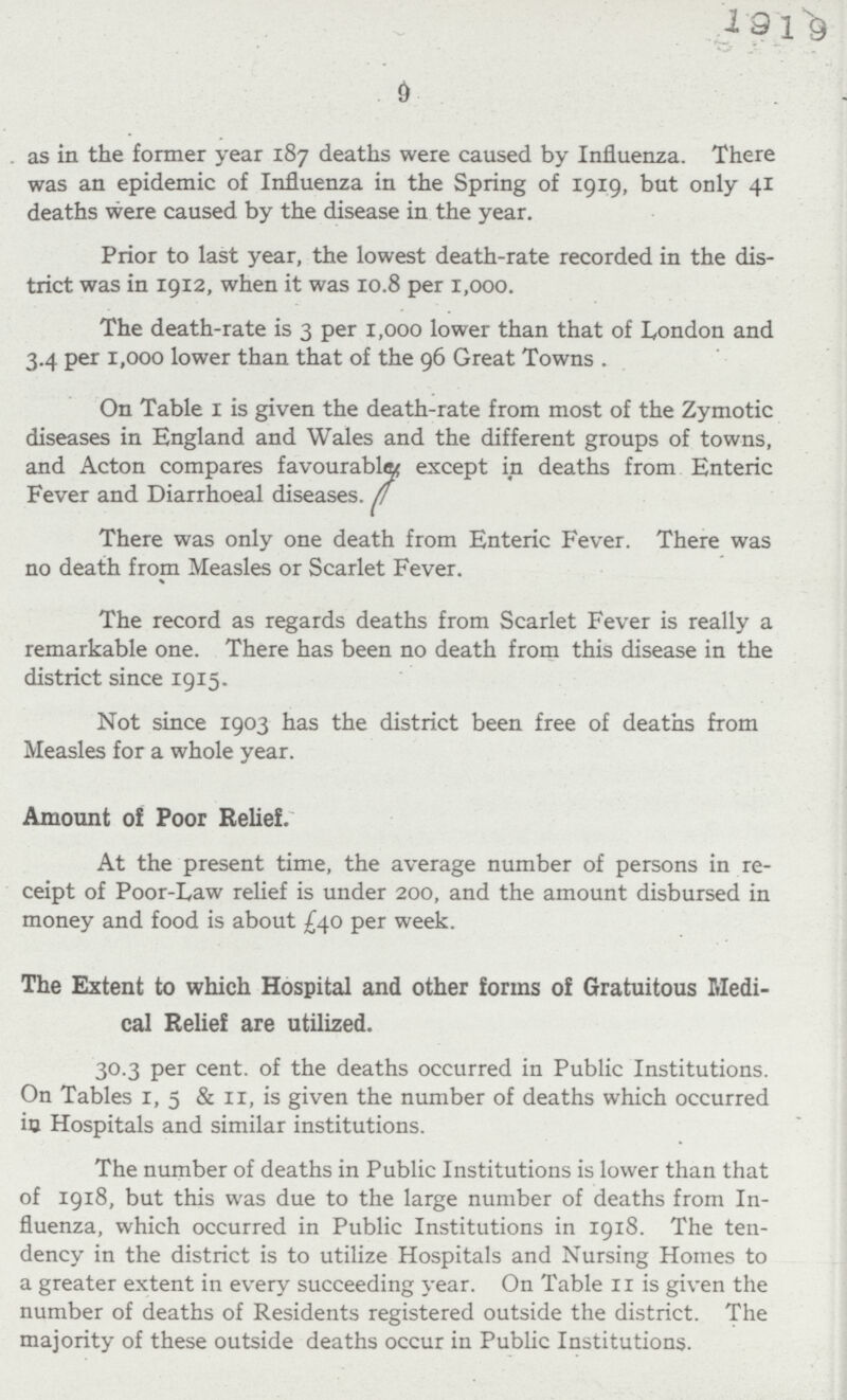 9 as in the former year 187 deaths were caused by Influenza. There was an epidemic of Influenza in the Spring of 1919, but only 41 deaths were caused by the disease in the year. Prior to last year, the lowest death-rate recorded in the dis trict was in 1912, when it was 10.8 per 1,000. The death-rate is 3 per 1,000 lower than that of London and 3.4 per 1,000 lower than that of the 96 Great Towns . On Table 1 is given the death-rate from most of the Zymotic diseases in England and Wales and the different groups of towns, and Acton compares favourable except in deaths from Enteric Fever and Diarrhoeal diseases. There was only one death from Enteric Fever. There was no death from Measles or Scarlet Fever. The record as regards deaths from Scarlet Fever is really a remarkable one. There has been no death from this disease in the district since 1915. Not since 1903 has the district been free of deaths from Measles for a whole year. Amount of Poor Relief. At the present time, the average number of persons in re ceipt of Poor-Law relief is under 200, and the amount disbursed in money and food is about £40 per week. The Extent to which Hospital and other forms of Gratuitous Medi cal Relief are utilized. 30.3 per cent. of the deaths occurred in Public Institutions. On Tables 1, 5 & 11, is given the number of deaths which occurred in Hospitals and similar institutions. The number of deaths in Public Institutions is lower than that of 1918, but this was due to the large number of deaths from In fluenza, which occurred in Public Institutions in 1918. The ten dency in the district is to utilize Hospitals and Nursing Homes to a greater extent in every succeeding year. On Table 11 is given the number of deaths of Residents registered outside the district. The majority of these outside deaths occur in Public Institutions.