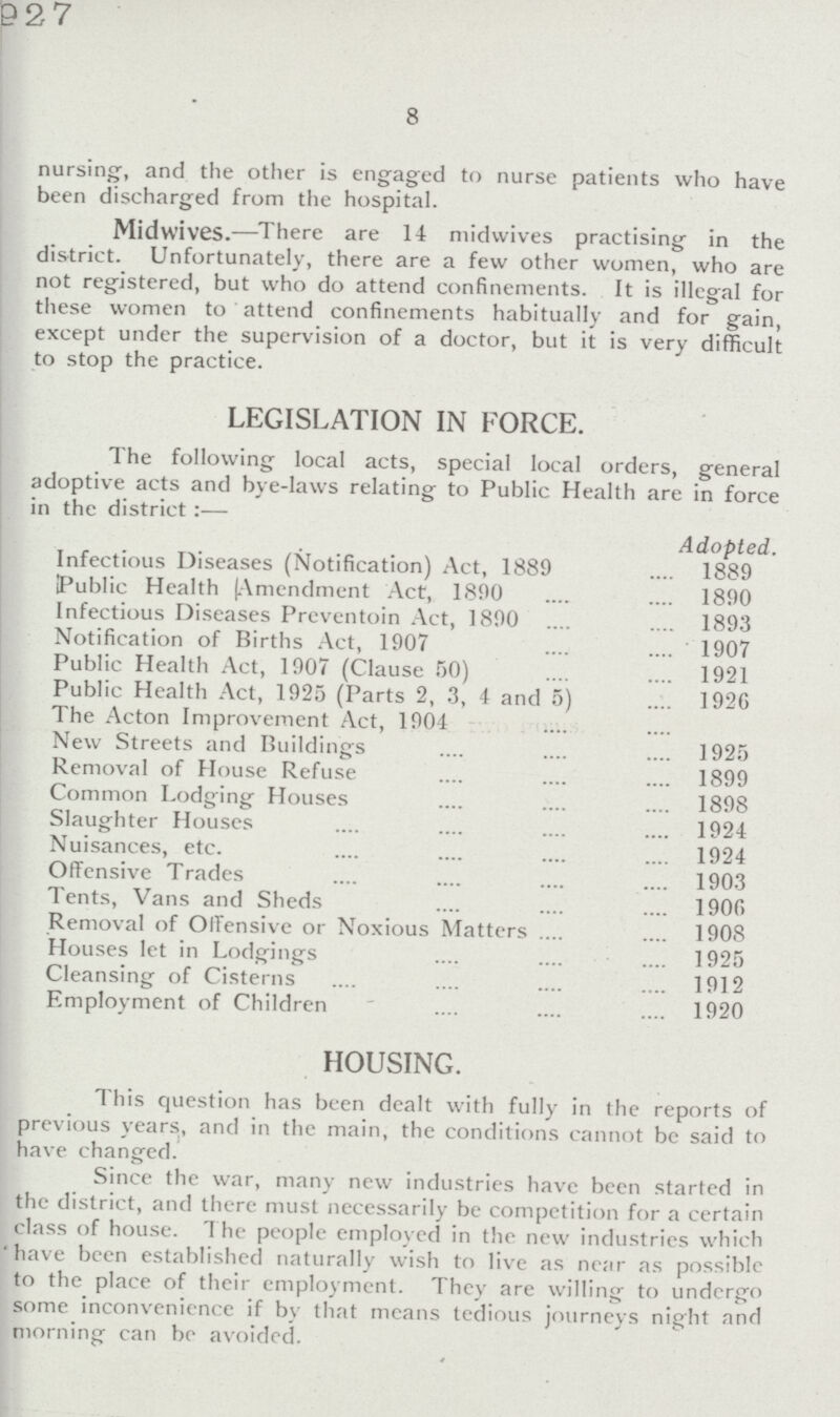 1927 8 nursing, and the other is engaged to nurse patients who have been discharged from the hospital. Midwives.—There are 14 midwives practising in the district. Unfortunately, there are a few other women, who are not registered, but who do attend confinements. It is illegal for these women to attend confinements habitually and for gain, except under the supervision of a doctor, but it is very difficult to stop the practice. LEGISLATION IN FORCE. The following local acts, special local orders, general adoptive acts and bye-laws relating to Public Health are in force in the district:— Adopted. Infectious Diseases (Notification) Act, 1889 1889 Public Health (Amendment Act, 1890 1890 Infectious Diseases Preventoin Act, 1890 1893 Notification of Births Act, 1907 1907 Public Health Act, 1907 (Clause 50) 1921 Public Health Act, 1925 (Parts 2, 3, 4 and 5) 1926 The Acton Improvement Act, 1904 New Streets and Buildings 1925 Removal of House Refuse 1899 Common Lodging Houses 1898 Slaughter Houses 1924 Nuisances, etc. 1924 Offensive Trades 1903 Tents, Vans and Sheds 1906 Removal of Offensive or Noxious Matters 1908 Houses let in Lodgings 1925 Cleansing of Cisterns 1912 Employment of Children 1920 HOUSING. This question has been dealt with fully in the reports of previous years, and in the main, the conditions cannot be said to have changed. Since the war, many new industries have been started in the district, and there must necessarily be competition for a certain class of house. The people employed in the new industries which have been established naturally wish to live as near as possible to the place of their employment. They are willing to undergo some inconvenience if by that means tedious journeys night and morning can be avoided.