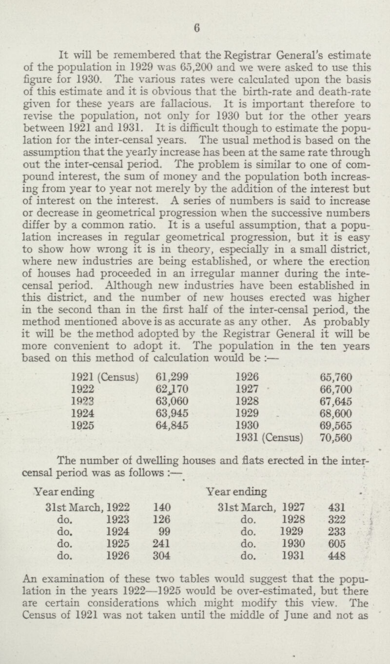 6 It will be remembered that the Registrar General's estimate of the population in 1929 was 65,200 and we were asked to use this figure for 1930. The various rates were calculated upon the basis of this estimate and it is obvious that the birth-rate and death-rate given for these years are fallacious. It is important therefore to revise the population, not only for 1930 but for the other years between 1921 and 1931. It is difficult though to estimate the popu lation for the inter-censal years. The usual method is based on the assumption that the yearly increase has been at the same rate through out the inter-censal period. The problem is similar to one of com pound interest, the sum of money and the population both increas ing from year to year not merely by the addition of the interest but of interest on the interest. A series of numbers is said to increase or decrease in geometrical progression when the successive numbers differ by a common ratio. It is a useful assumption, that a popu lation increases in regular geometrical progression, but it is easy to show how wrong it is in theory, especially in a small district, where new industries are being established, or where the erection of houses had proceeded in an irregular manner during the inte censal period. Although new industries have been established in this district, and the number of new houses erected was higher in the second than in the first half of the inter-censal period, the method mentioned above is as accurate as any other. As probably it will be the method adopted by the Registrar General it will be more convenient to adopt it. The population in the ten years based on this method of calculation would be :— 1921 (Census) 61,299 1926 65,760 1922 62,170 1927 66,700 1923 63,060 1928 67,645 1924 63,945 1929 68,600 1925 64,845 1930 69,565 1931 (Census) 70,560 The number of dwelling houses and flats erected in the inter censal period was as follows :— Year ending Year ending 31st March, 1922 140 31st March, 1927 431 do. 1923 126 do. 1928 322 do. 1924 99 do. 1929 233 do. 1925 241 do. 1930 605 do. 1926 304 do. 1931 448 An examination of these two tables would suggest that the popu lation in the years 1922— 1925 would be over-estimated, but there are certain considerations which might modify this view. The Census of 1921 was not taken until the middle of June and not as