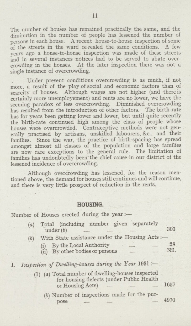 11 The number of houses has remained practically the same, and the diminution in the number of people has lessened the number of persons in each house. A recent house-to-house inspection of some of the streets in the ward repealed the same conditions. A few years ago a house-to-house inspection was made of these streets and in several instances notices had to be served to abate over crowding in the houses. At the later inspection there was not a single instance of overcrowding. Under present conditions overcrowding is as much, if not more, a result of the play of social and economic factors than of scarcity of houses. Although wages are not higher (and there is certainly more unemployement) and rents are no lower, we have the seeming paradox of less overcrowding. Diminished overcrowding has resulted from the introduction of other factors. The birth-rate has for years been getting lower and lower, but until quite recently the birth-rate continued high among the class of people whose houses were overcrowded. Contraceptive methods were not gen erally practised by artisans, unskilled labourers, &c., and their families. Since the war, the practice of birth-spacing has spread amongst almost all classes of the population and large families are now rare exceptions to the general rule. The limitation of families has undoubtedly been the chief cause in our district of the lessened incidence of overcrowding. Although overcrowding has lessened, for the reason men tioned above, the demand for houses still continues and will continue, and there is very little prospect of reduction in the rents. HOUSING. Number of Houses erected during the year:— (a) Total (including number given separately under (b) 303 (b) With State assistance under the Housing Acts :— (i) By the Local Authority 28 (ii) By other bodies or persons Nil. 1. Inspection of Dwelling-houses during the Year 1931:— (1) (a) Total number of dwelling-houses inspected for housing defects (under Public Health or Housing Acts) 1657 (b) Number of inspections made for the pur pose 4970