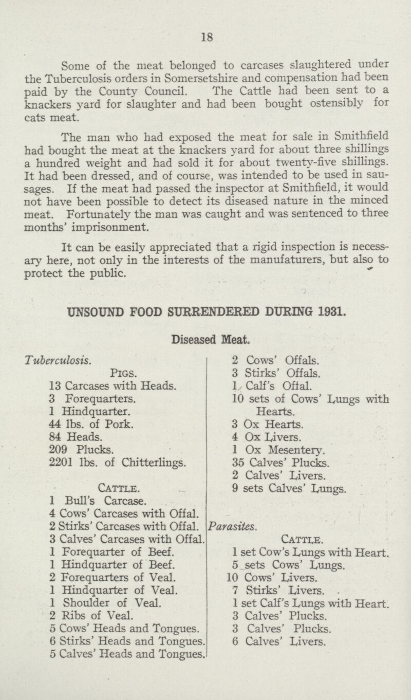 18 Some of the meat belonged to carcases slaughtered under the Tuberculosis orders in Somersetshire and compensation had been paid by the County Council. The Cattle had been sent to a knackers yard for slaughter and had been bought ostensibly for cats meat. The man who had exposed the meat for sale in Smithfield had bought the meat at the knackers yard for about three shillings a hundred weight and had sold it for about twenty-five shillings. It had been dressed, and of course, was intended to be used in sau sages. If the meat had passed the inspector at Smithfield, it would not have been possible to detect its diseased nature in the minced meat. Fortunately the man was caught and was sentenced to three months' imprisonment. It can be easily appreciated that a rigid inspection is necess ary here, not only in the interests of the manufaturers, but also to protect the public. UNSOUND FOOD SURRENDERED DURING 1931. Diseased Meat. Tuberculosis. 2 Cows' Offals. Pigs. 3 Stirks' Offals. 13 Carcases with Heads. 1 Calf's Ofial. 3 Forequarters. 10 sets of Cows' Lungs with 1 Hindquarter. Hearts. 44 lbs. of Pork. 3 Ox Hearts. 84 Heads. 4 Ox Livers. 209 Plucks. 1 Ox Mesentery. 2201 lbs. of Chitterlings. 35 Calves' Plucks. 2 Calves' Livers. Cattle. 9 sets Calves' Lungs. 1 Bull's Carcase. 4 Cows' Carcases with Offal. 2 Stirks' Carcases with Offal. Parasites. 3 Calves' Carcases with Offal. Cattle. 1 Forequarter of Beef. 1 set Cow's Lungs with Heart. 1 Hindquarter of Beef. 5 sets Cows' Lungs. 2 Forequarters of Veal. 10 Cows' Livers. 1 Hindquarter of Veal. 7 Stirks' Livers. 1 Shoulder of Veal. 1 set Calf's Lungs with Heart. 2 Ribs of Veal. 3 Calves' Plucks. 5 Cows' Heads and Tongues. 3 Calves' Plucks. 6 Stirks' Heads and Tongues. 6 Calves' Livers. 5 Calves' Heads and Tongues.