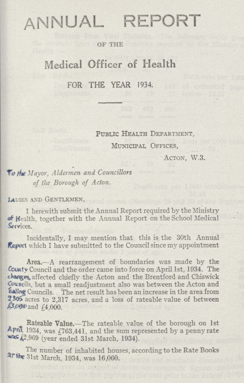 annual report OF THE Medical Officer of Health FOR THE YEAR 1934. Public Health Department, Municipal Offices, Acton, W.3. To fix Mayor, Aldermen and Councillors of the Borough of Acton. Ladies and Gentlemen, I herewith submit the Annual Report required by the Ministry Health, together with the Annual Report on the School Medical Services. Incidentally, I may mention that this is the 30th Annual Refwt which I have submitted to the Council since my appointment Area.—A rearrangement of boundaries was made by the County Council and the order came into force on April 1st, 1934. The changes affected chiefly the Acton and the Brentford and Chiswick Councils, but a small readjustment also was between the Acton and Councils. The net result has been an increase in the area from 2305 acres to 2,317 acres, and a loss of rateable value of between £3,000and £4,000. Rateable Value.—The rateable value of the borough on 1st Apnl, 1934, was £763,441, and the sum represented by a penny rate £2,969 (year ended 31st March, 1934). The number of inhabited houses, according to the Rate Books 31st March, 1934, was 16,060.