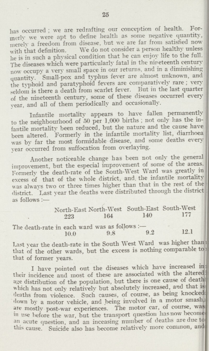 25 has occurred; we are redrafting our conception of health. For merly we were apt to define health as some negative quantity, merely a freedom from disease, but we are far from satisfied now with that definition. We do not consider a person healthy unless he is in such a physical condition that he can enjoy life to the full. The diseases which were particularly fatal in the nineteenth century now occupy a very small space in our returns, and in a diminishing; quantity. Small-pox and typhus fever are almost unknown, and the typhoid and paratyphoid fevers are comparatively rare; very seldom is there a death from scarlet fever. But in the last quarter of the nineteenth century, some of these diseases occurred every vear, and all of them periodically and occasionally. Infantile mortality appears to have fallen permanently to the neighbourhood of 50 per 1,000 births; not only has the in fantile mortality been reduced, but the nature and the cause have been altered. Formerly in the infantile mortality list, diarrhoea was by far the most formidable disease, and some deaths every year occurred from suffocation from overlaying. Another noticeable change has been not only the general improvement, but the especial improvement of some of the areas. Formerly the death-rate of the South-West Ward was greatly in excess of that of the whole district, and. the infantile mortality was always two or three times higher than that in the rest of the district. Last year the deaths were distributed through the district as follows:— North-East North-West South-East South-West 223 164 140 177 The death-rate in each ward was as follows:- 10.0 0.8 9.2 12.1 Last year the death-rate in the South West Ward was higher than that of the other wards, but the excess is nothing comparable to that of former years. I have pointed out the diseases which have increased in their incidence and most of these are associated with the altered age distribution of the population, but there is one cause of death which has not only relatively but absolutely increased, and that is deaths from violence. Such causes, of course, as being knocked: down by a motor vehicle, and being involved in a motor smash are mostly post-war experiences. The motor car, of course, was in use before the war, but the transport question has now become acute question, and an inceasing number of deaths are due to this cause. Suicide also has become relatively more common, and